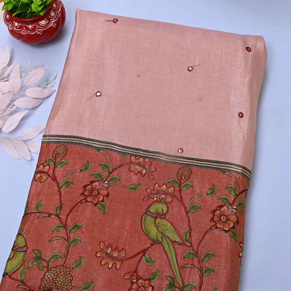 Baby Pink Printed Dupion Silk Fabric