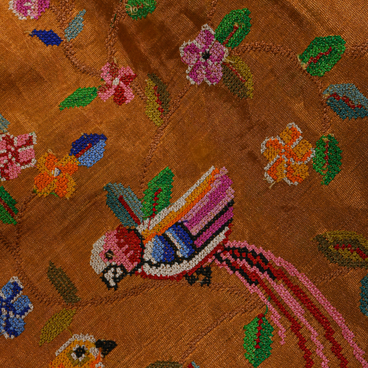 Mustard Yellow Colourful Thread Work Floral Jaal Tissue Fabric
