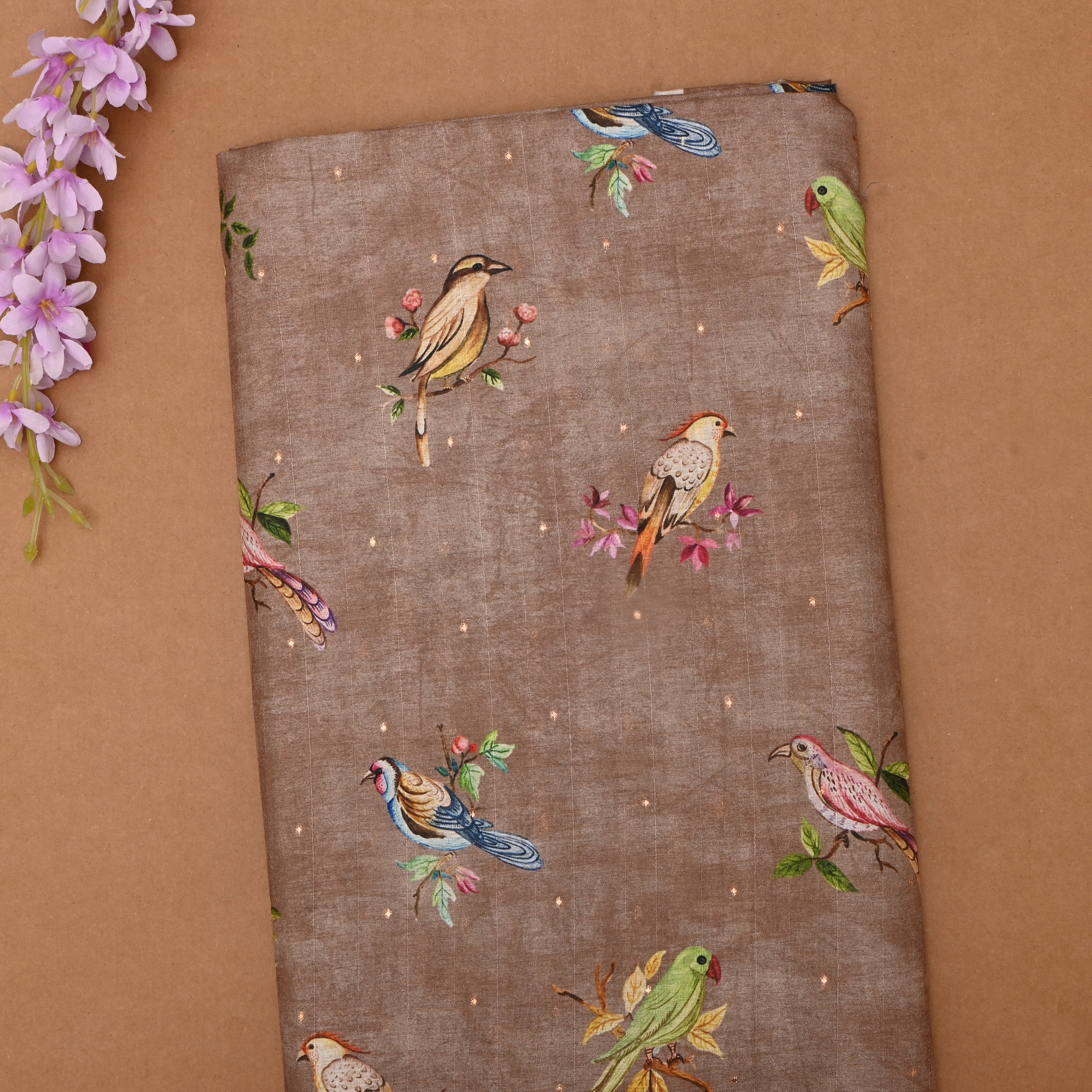 Brown Tussar Fabric With Avian Digital Prints