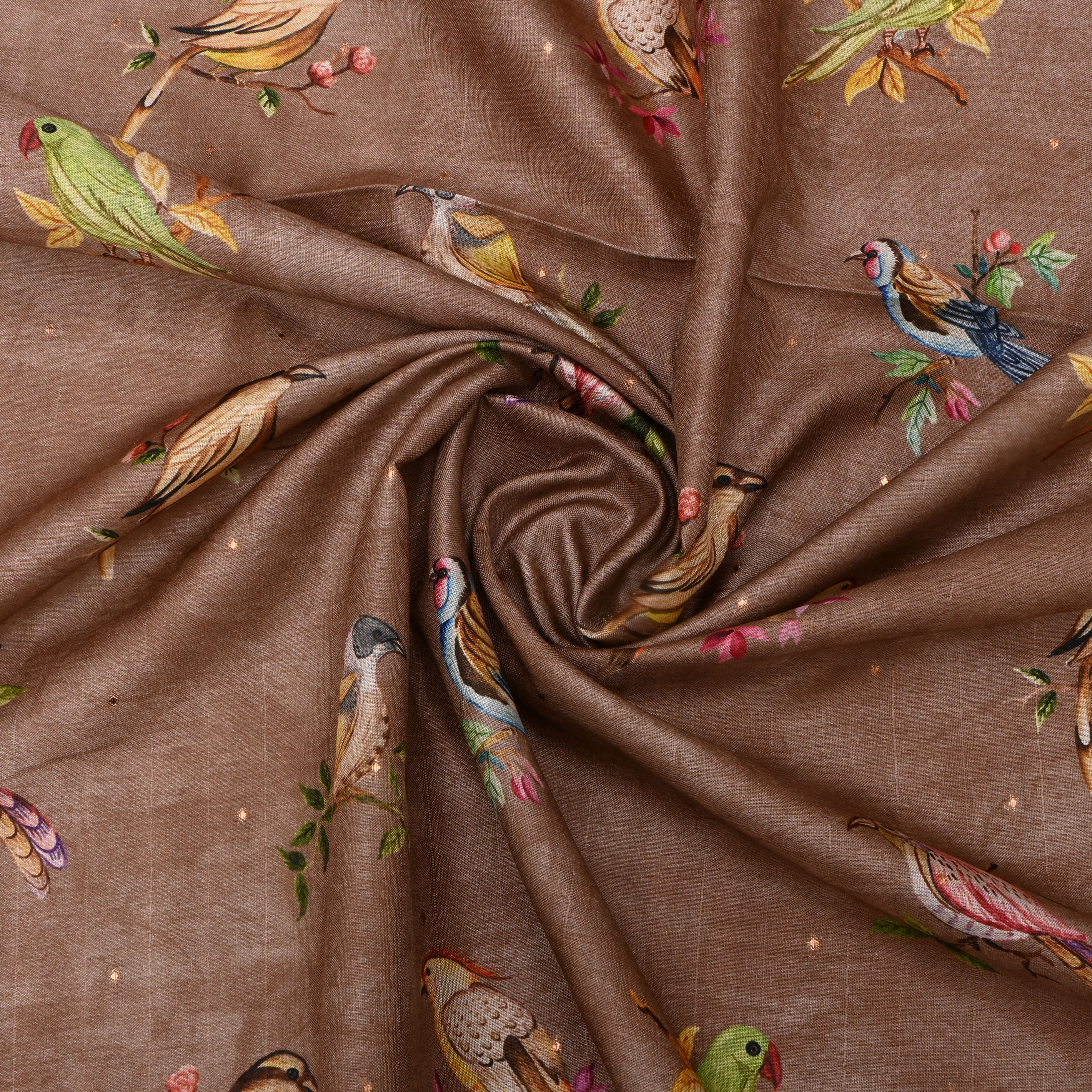 Brown Tussar Fabric With Avian Digital Prints
