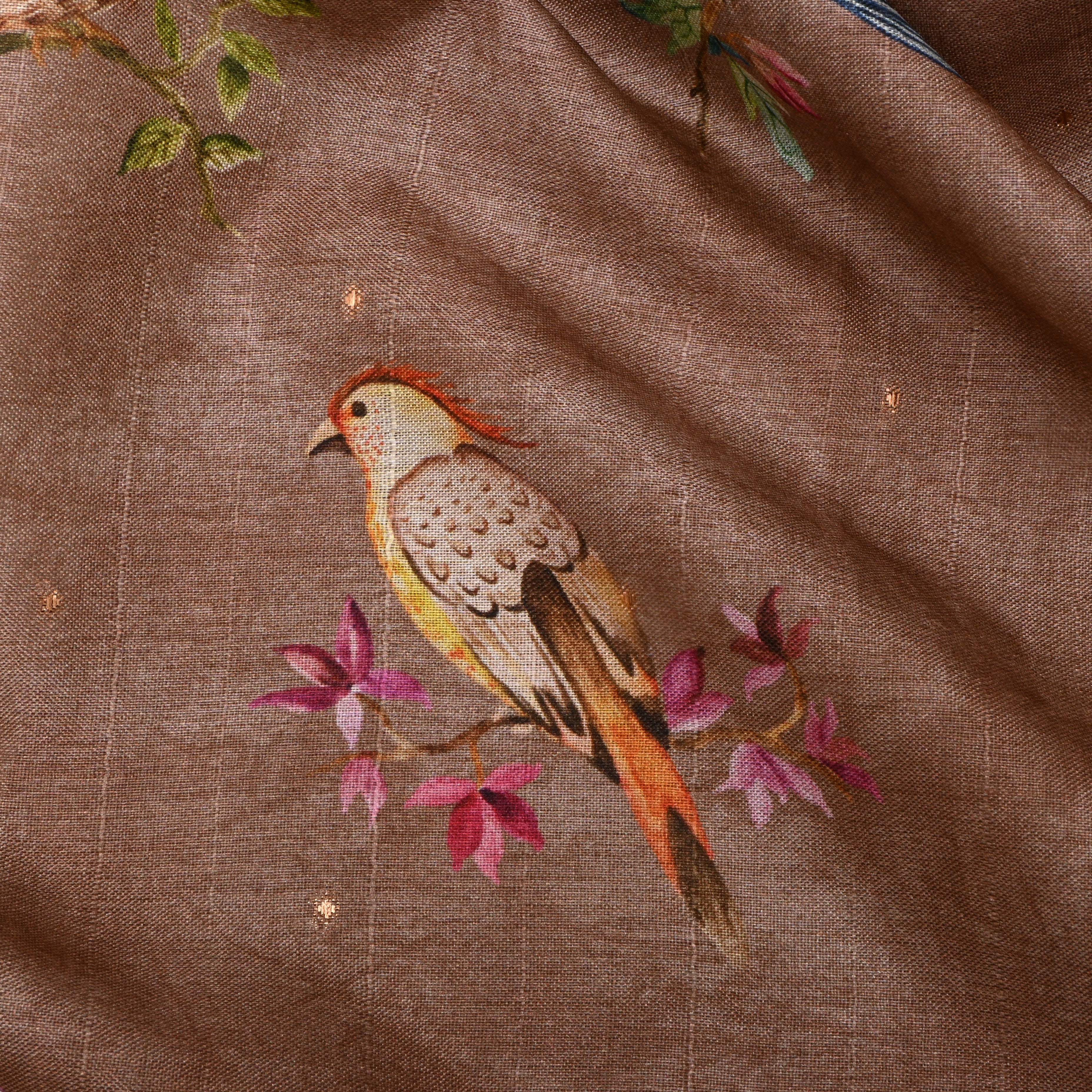Brown Tussar Fabric With Avian Digital Prints