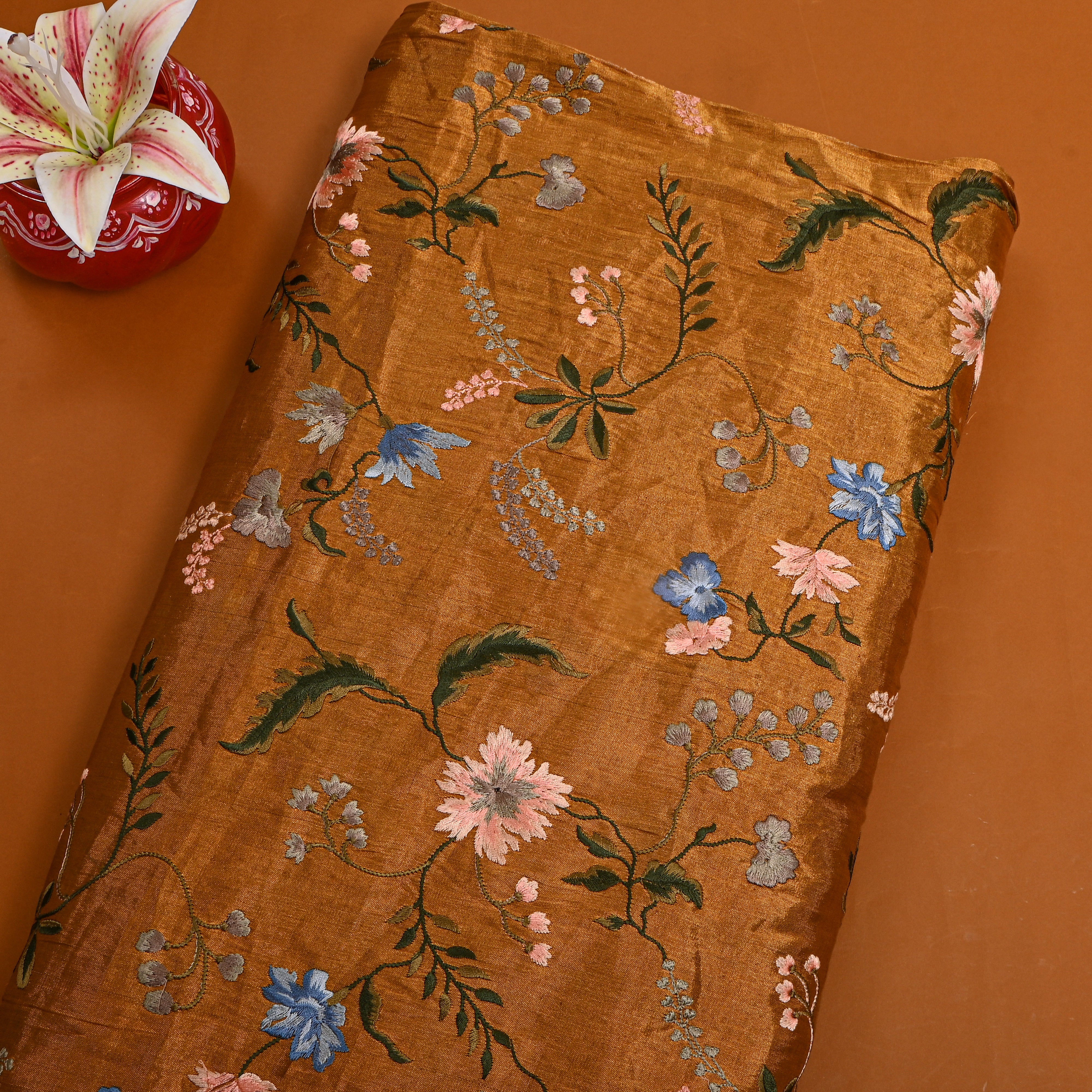 Dark Grey Tissue Fabric With Rose Jaal Thread Work