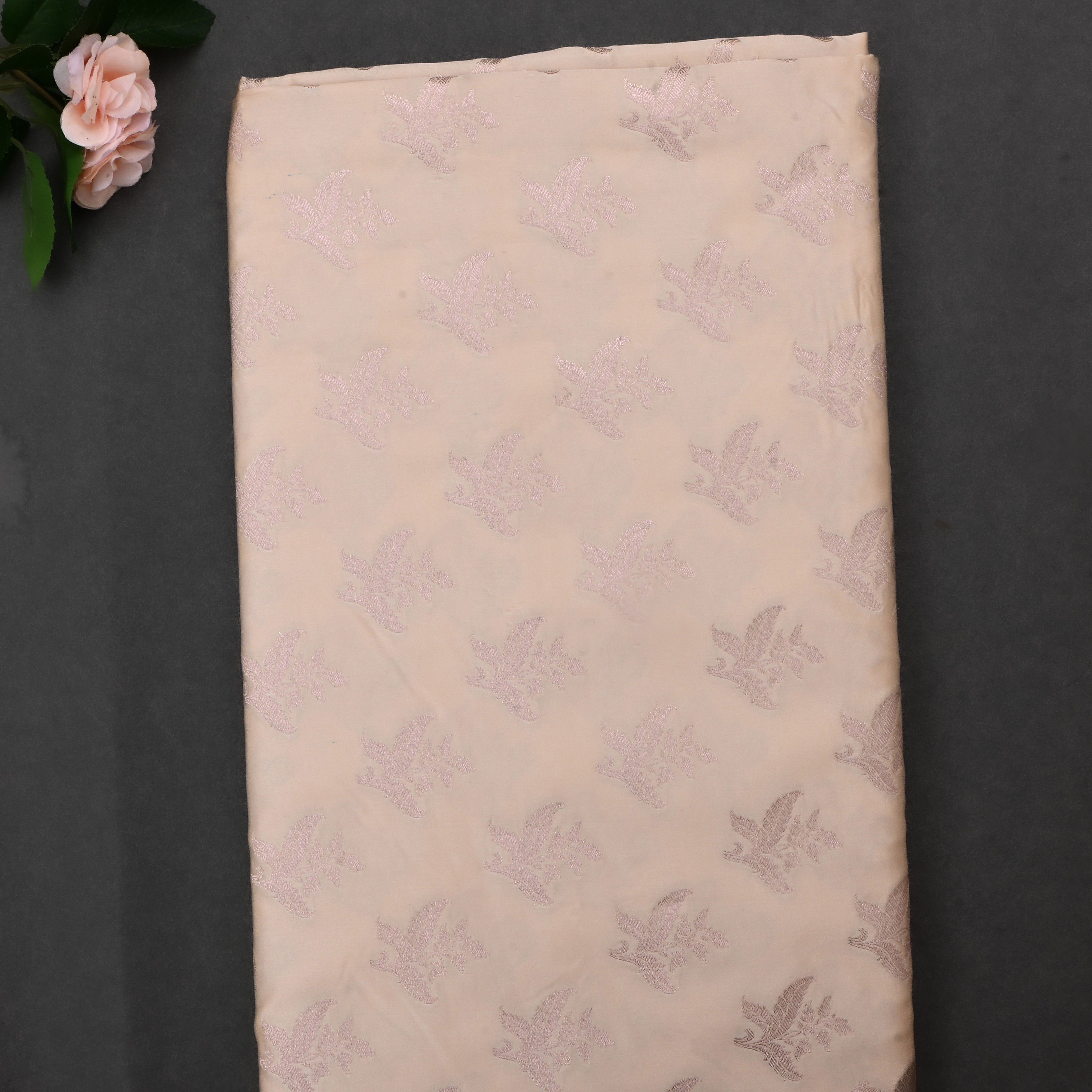 Light Beige Jamawar Satin Fabric With Floral Butti'S