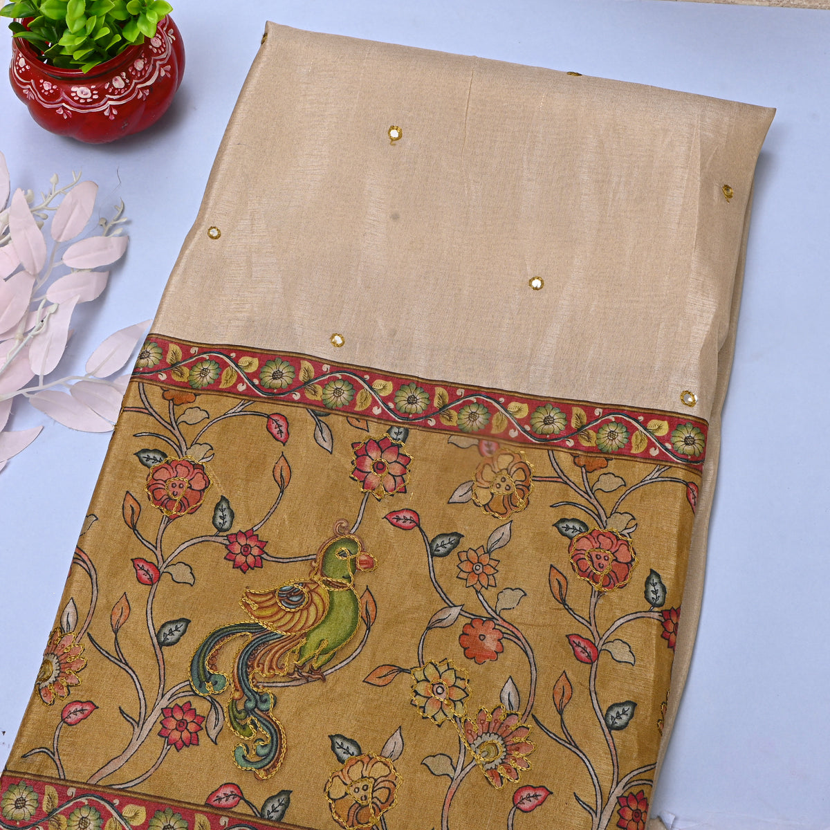 Soft Beige Printed Dupion Silk Fabric