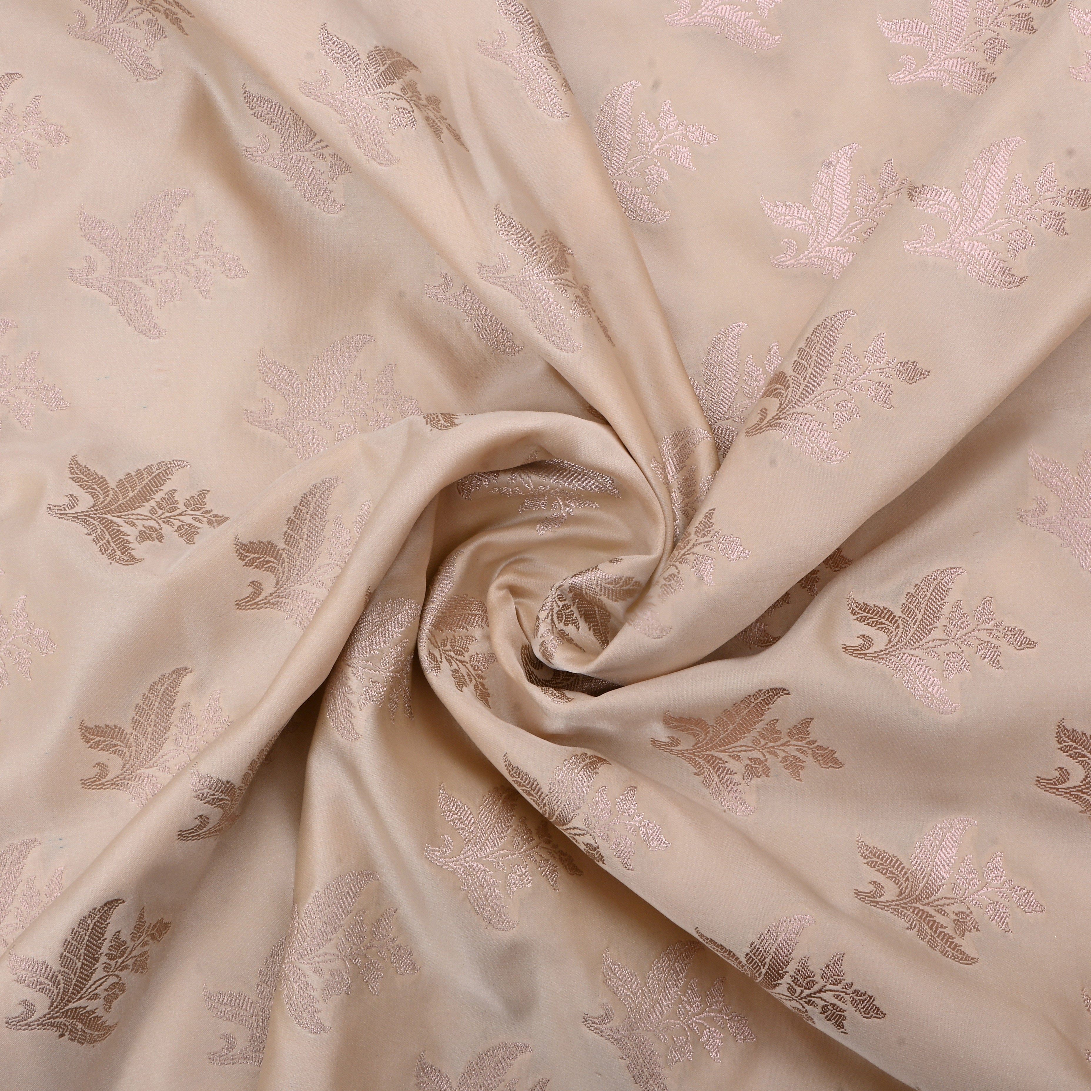 Light Beige Jamawar Satin Fabric With Floral Butti'S