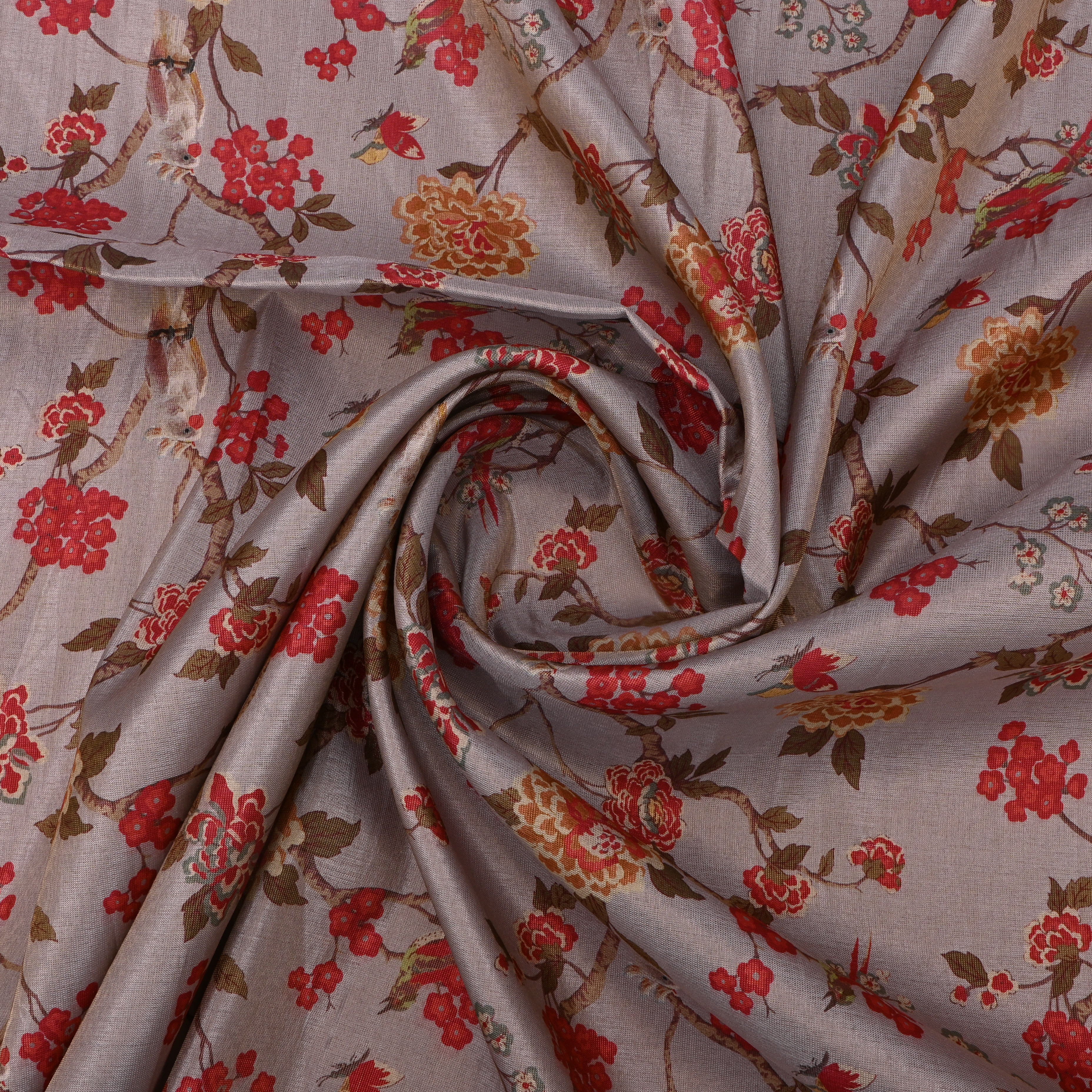 Grey Tissue Fabric With Floral Prints