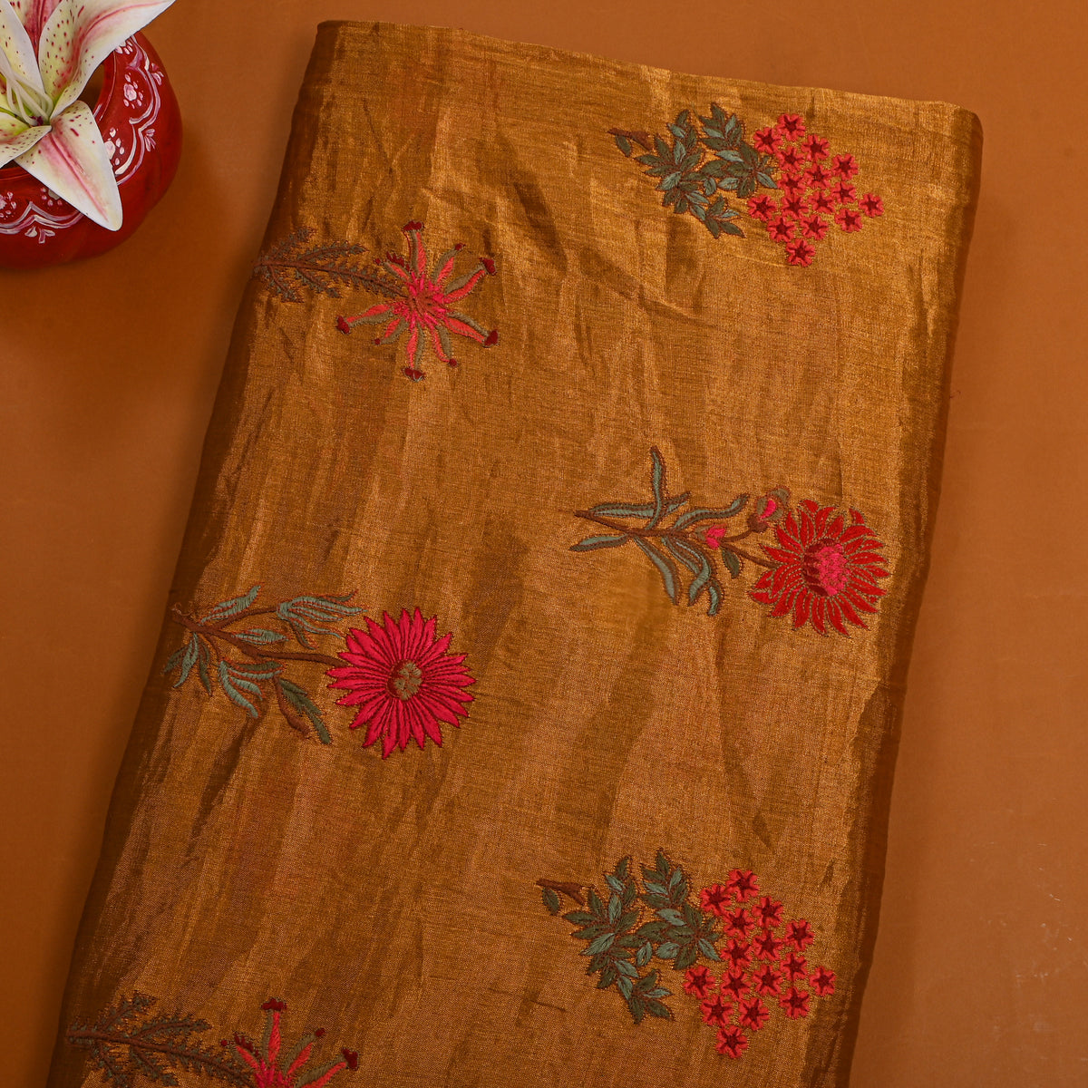 Copper Rust Orange Tissue Fabric With Antique Gold Floral Thread Work