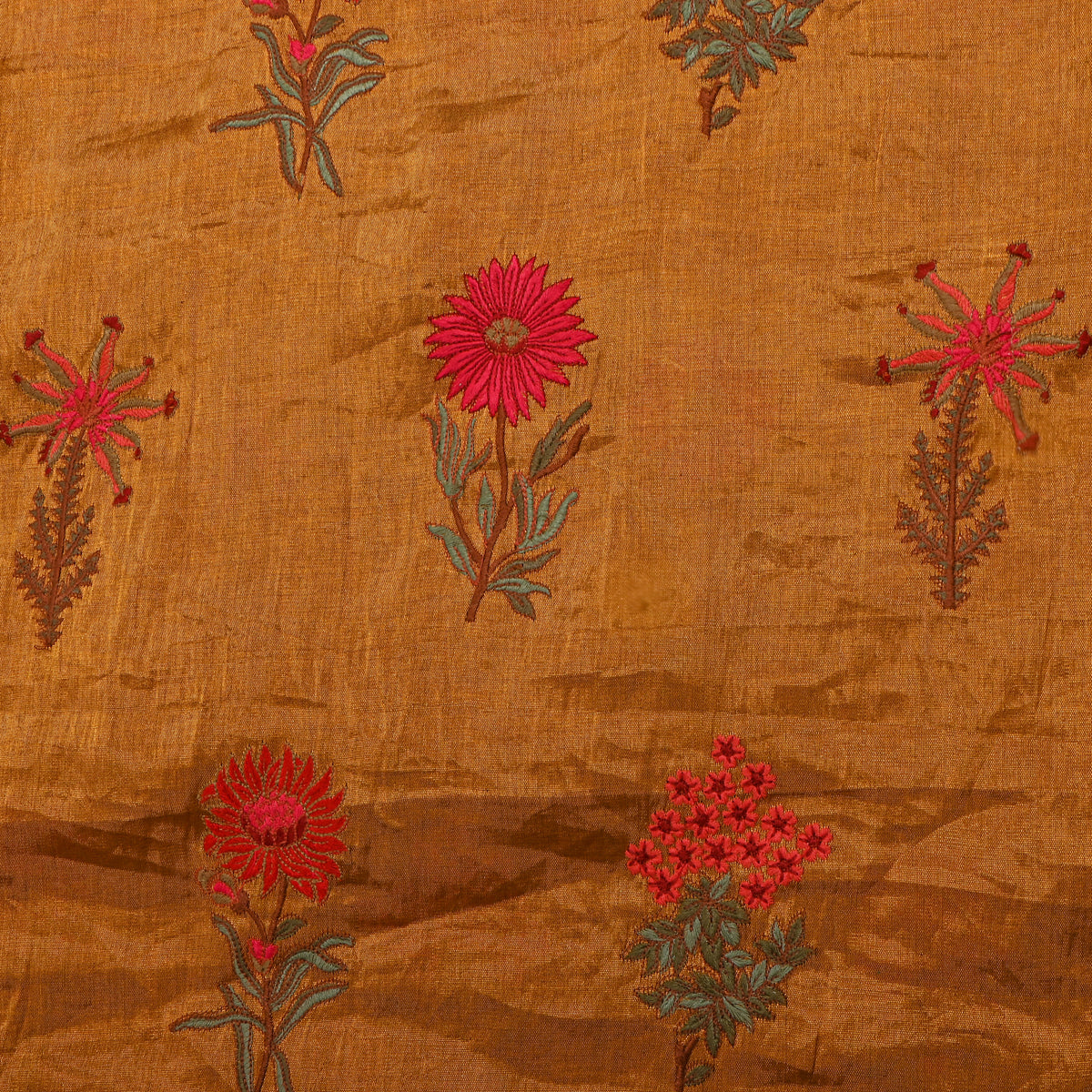 Copper Rust Orange Tissue Fabric With Antique Gold Floral Thread Work