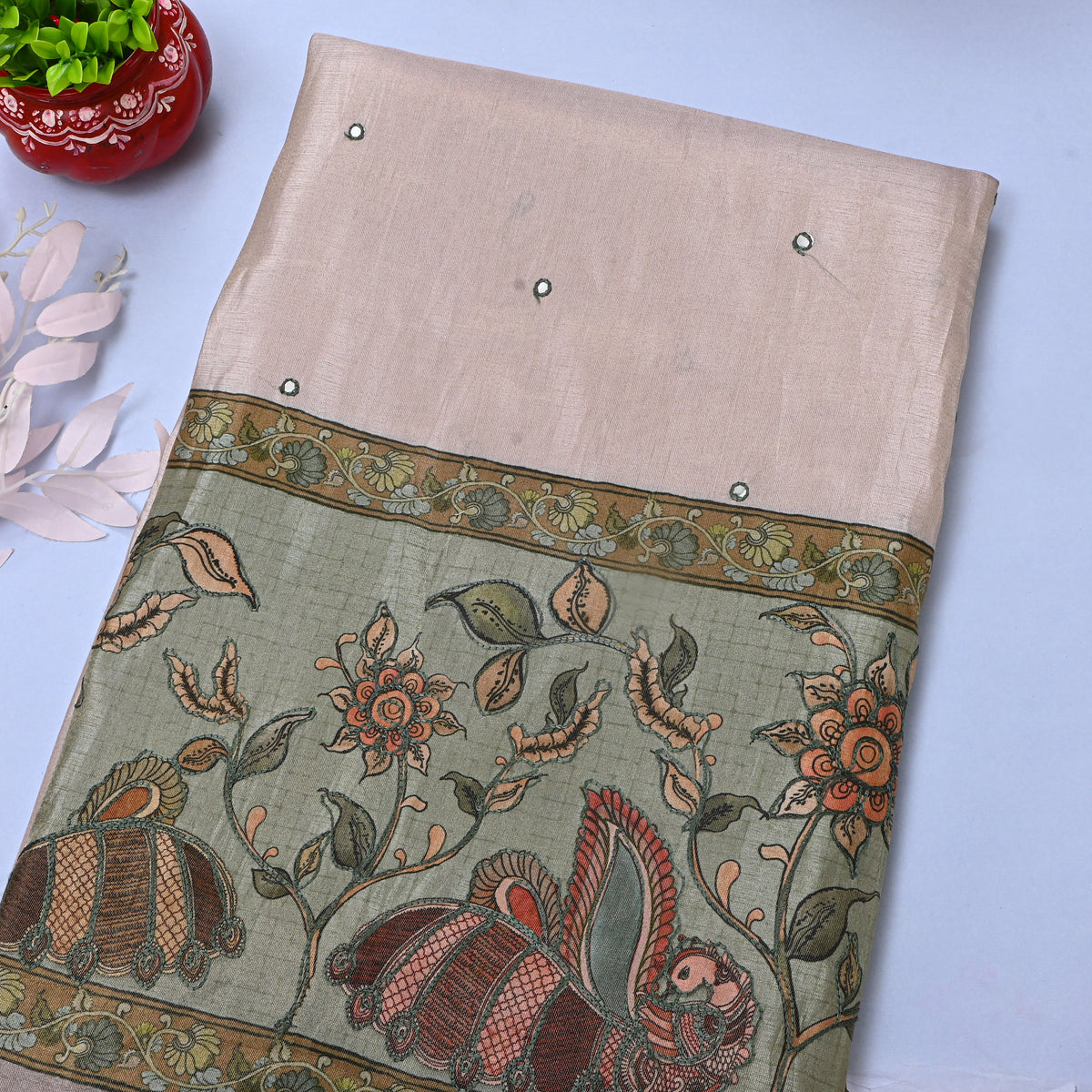 Cream Fancy Green Floral Printed Dupion Silk Fabric