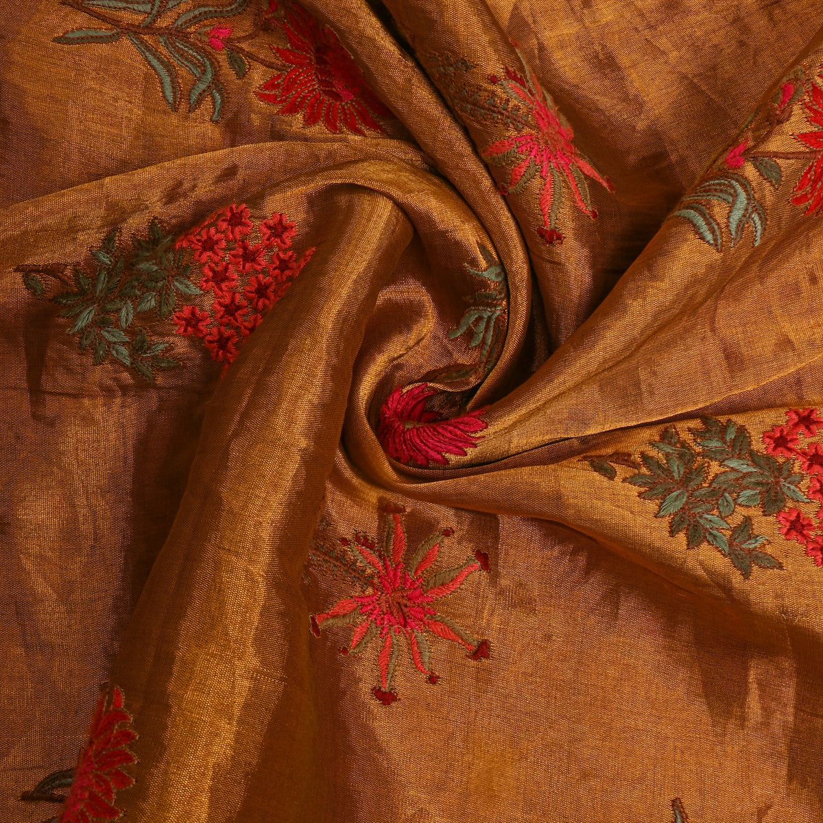 Copper Rust Orange Tissue Fabric With Antique Gold Floral Thread Work