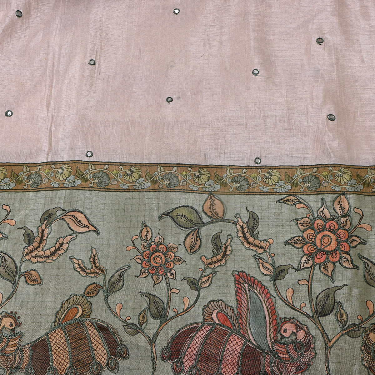 Cream Fancy Green Floral Printed Dupion Silk Fabric
