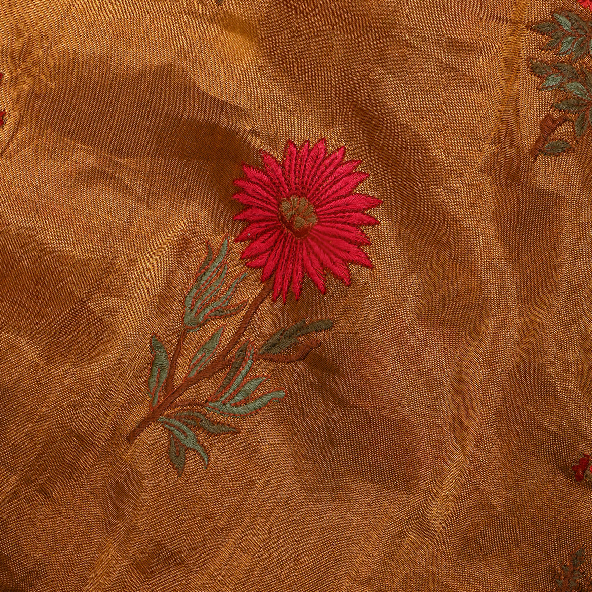 Copper Rust Orange Tissue Fabric With Antique Gold Floral Thread Work