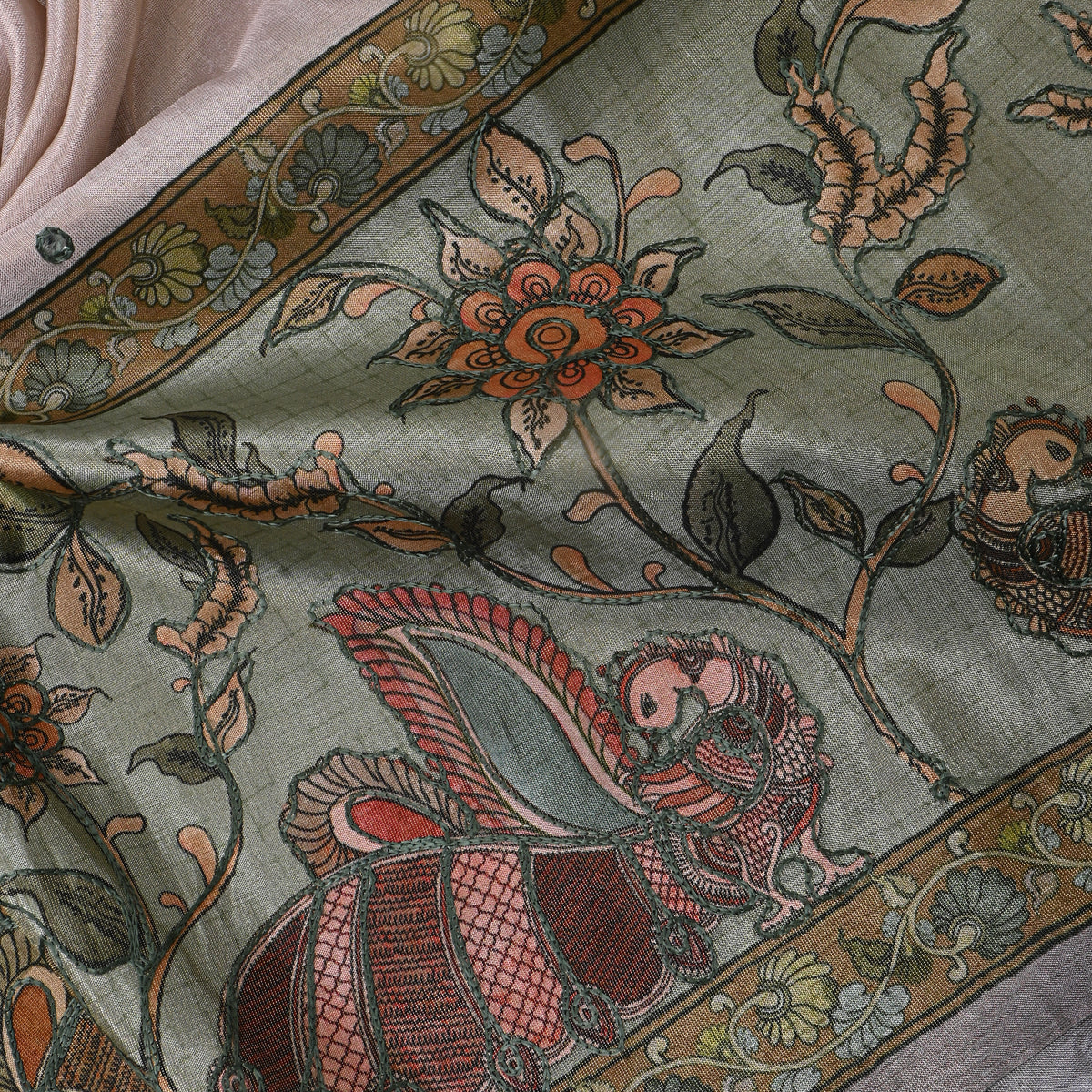 Cream Fancy Green Floral Printed Dupion Silk Fabric