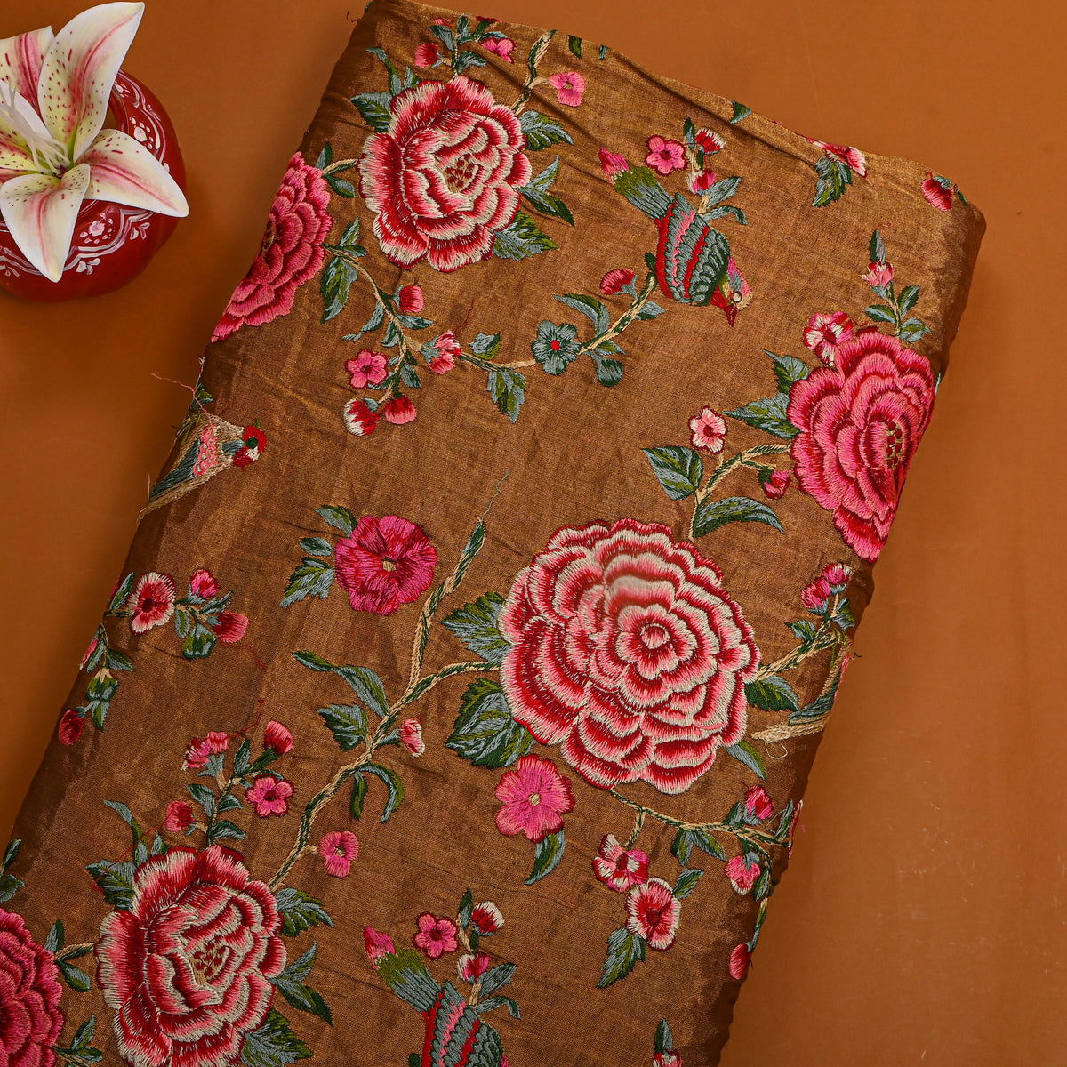 Orange Floral Jaal Thread Work Tissue Fabric