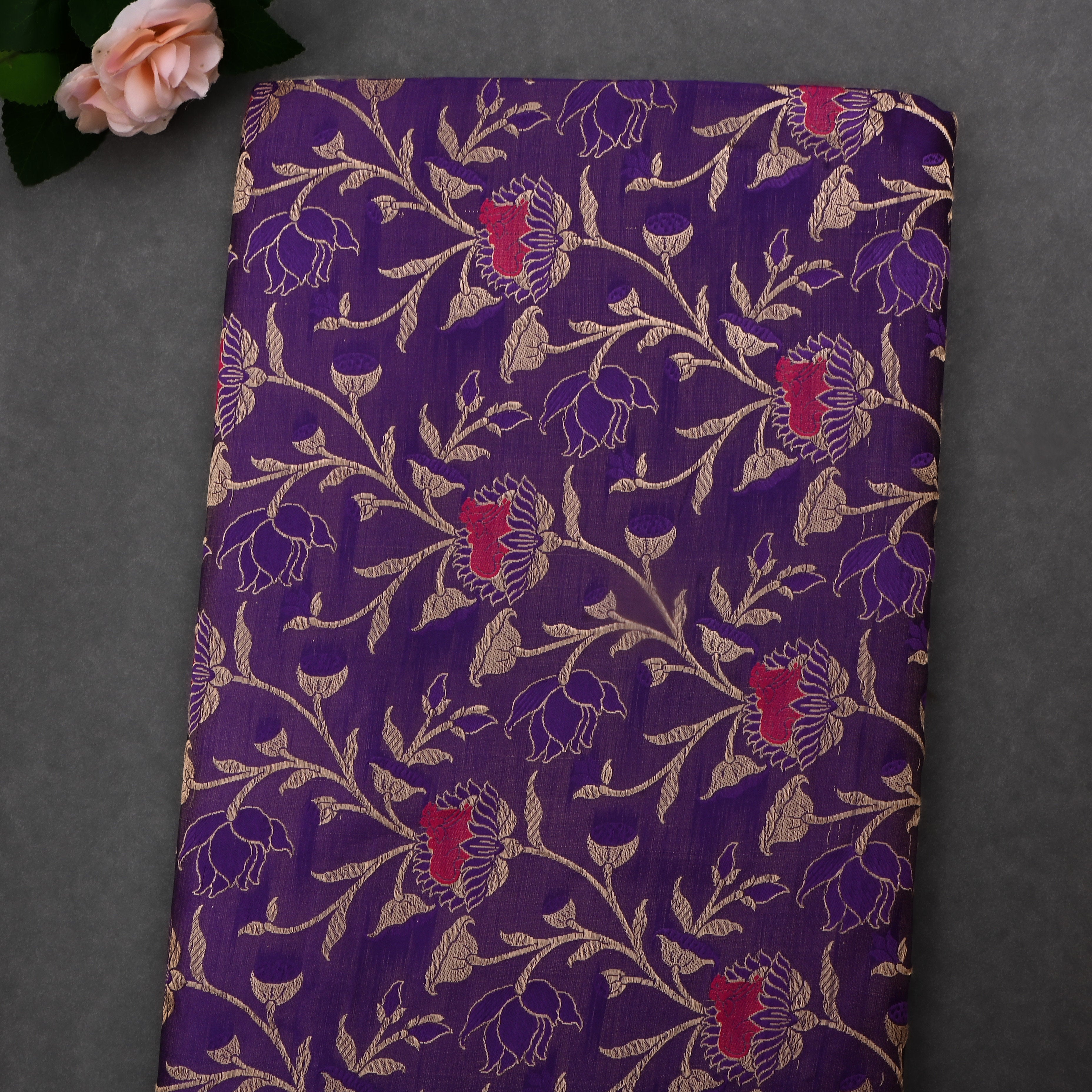 Honey Flower Violet Jamawar Satin Fabric With Floral Jaal