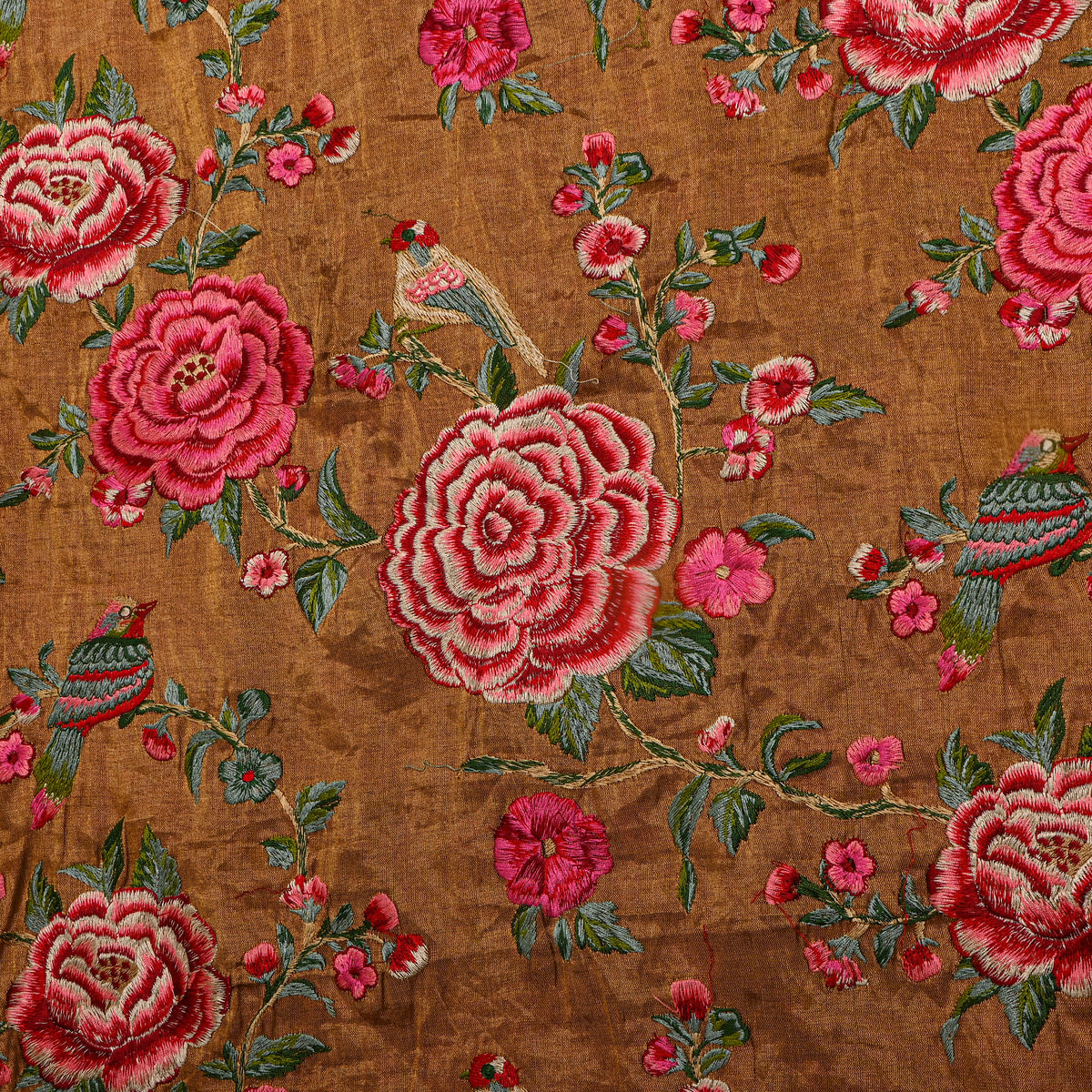 Orange Floral Jaal Thread Work Tissue Fabric