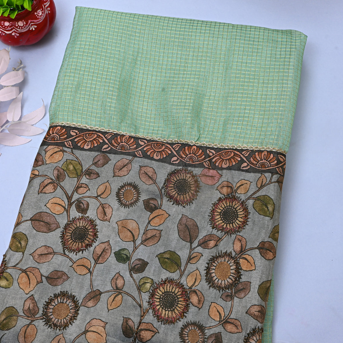Green Grey Fancy Checks Printed Silk Fabric