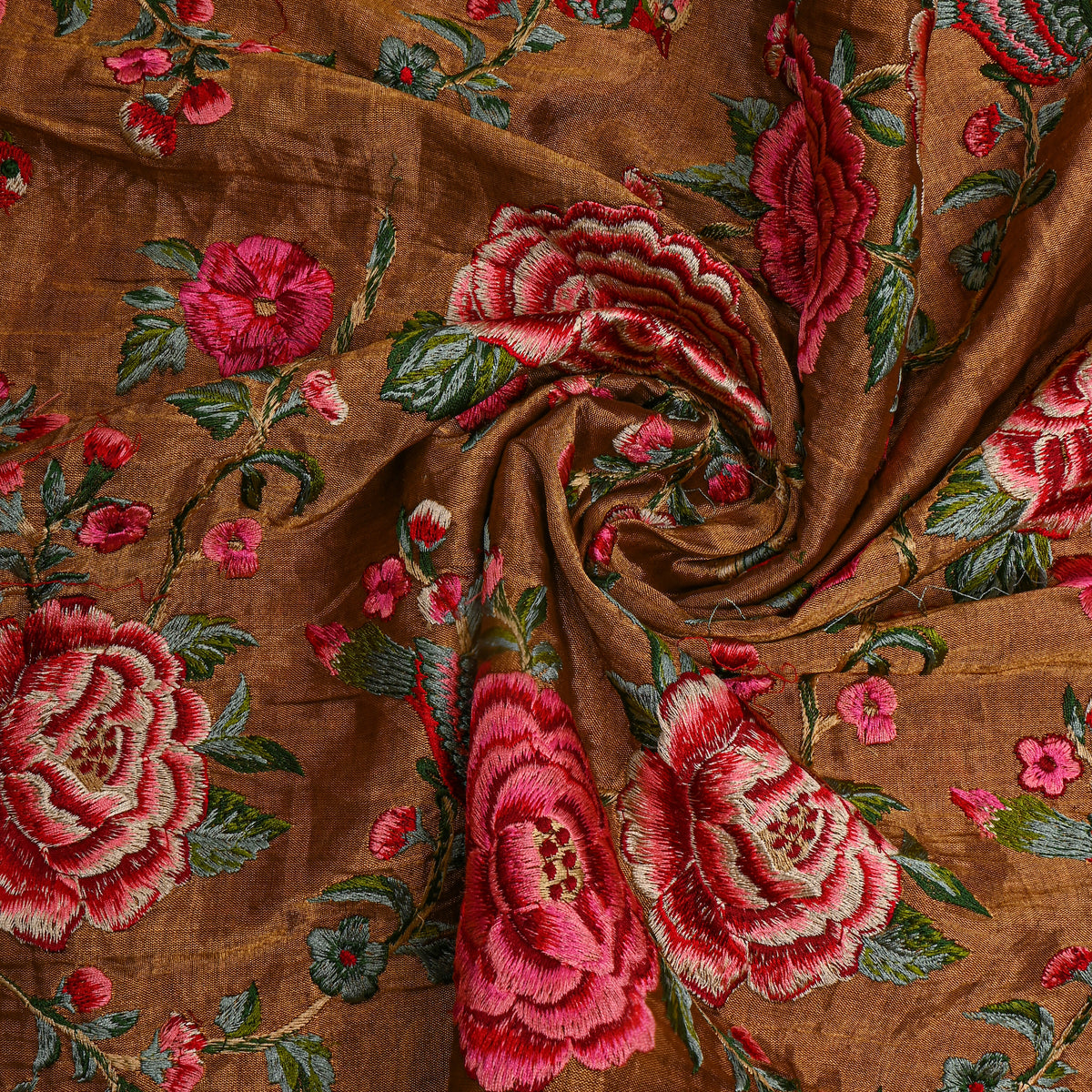 Orange Floral Jaal Thread Work Tissue Fabric