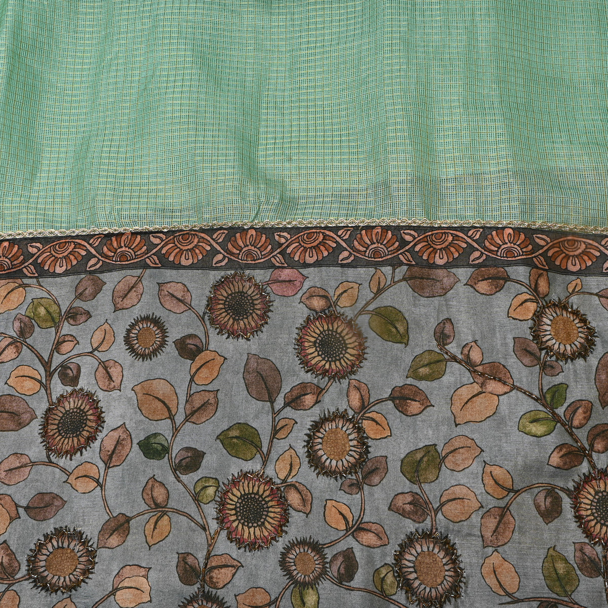 Green Grey Fancy Checks Printed Silk Fabric