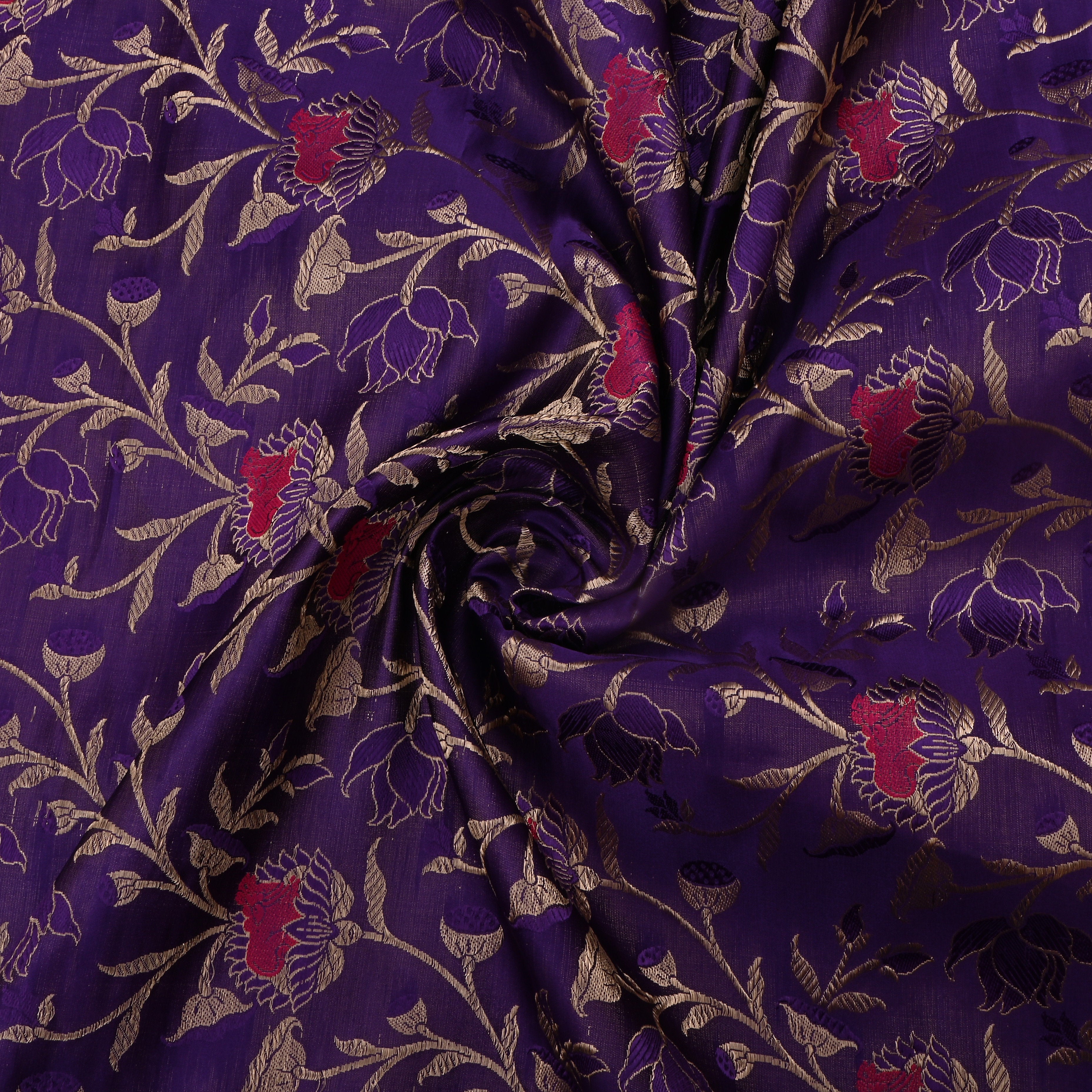Honey Flower Violet Jamawar Satin Fabric With Floral Jaal