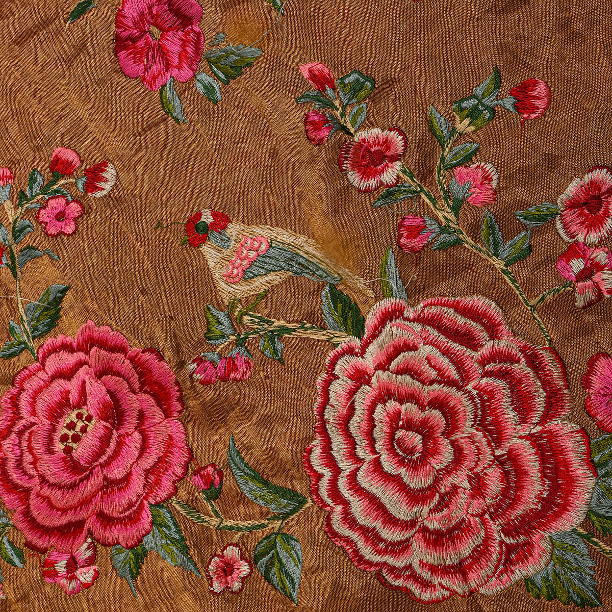 Orange Floral Jaal Thread Work Tissue Fabric