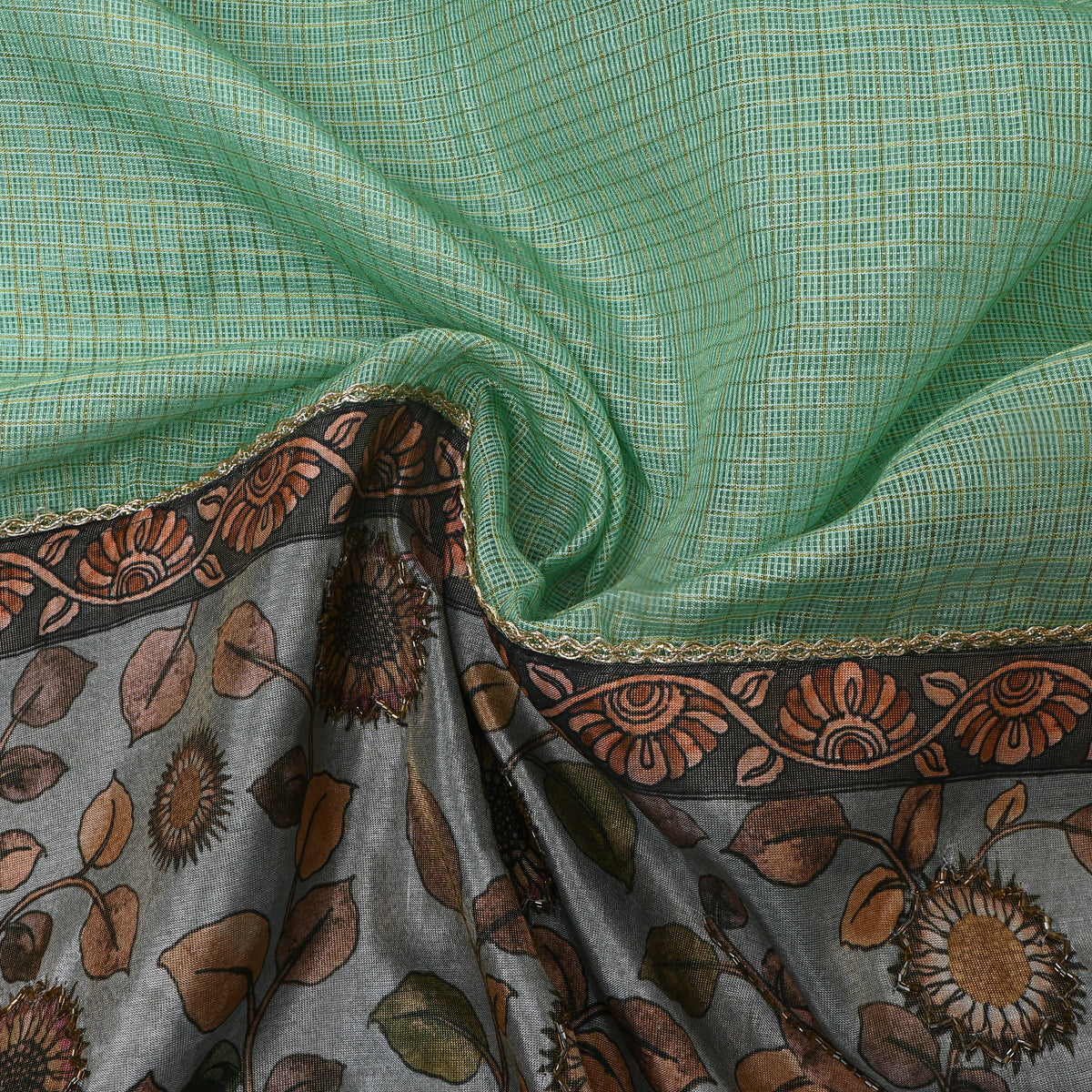 Green Grey Fancy Checks Printed Silk Fabric