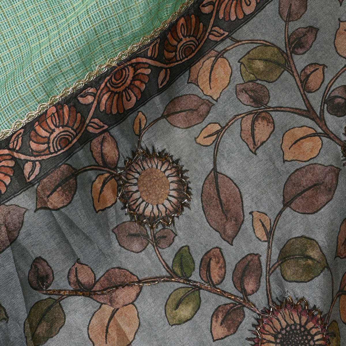 Green Grey Fancy Checks Printed Silk Fabric