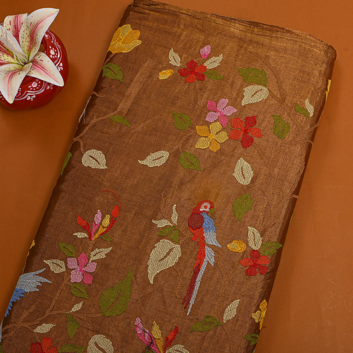 Burnt Orange Thread Work Jaal Tissue Fabric