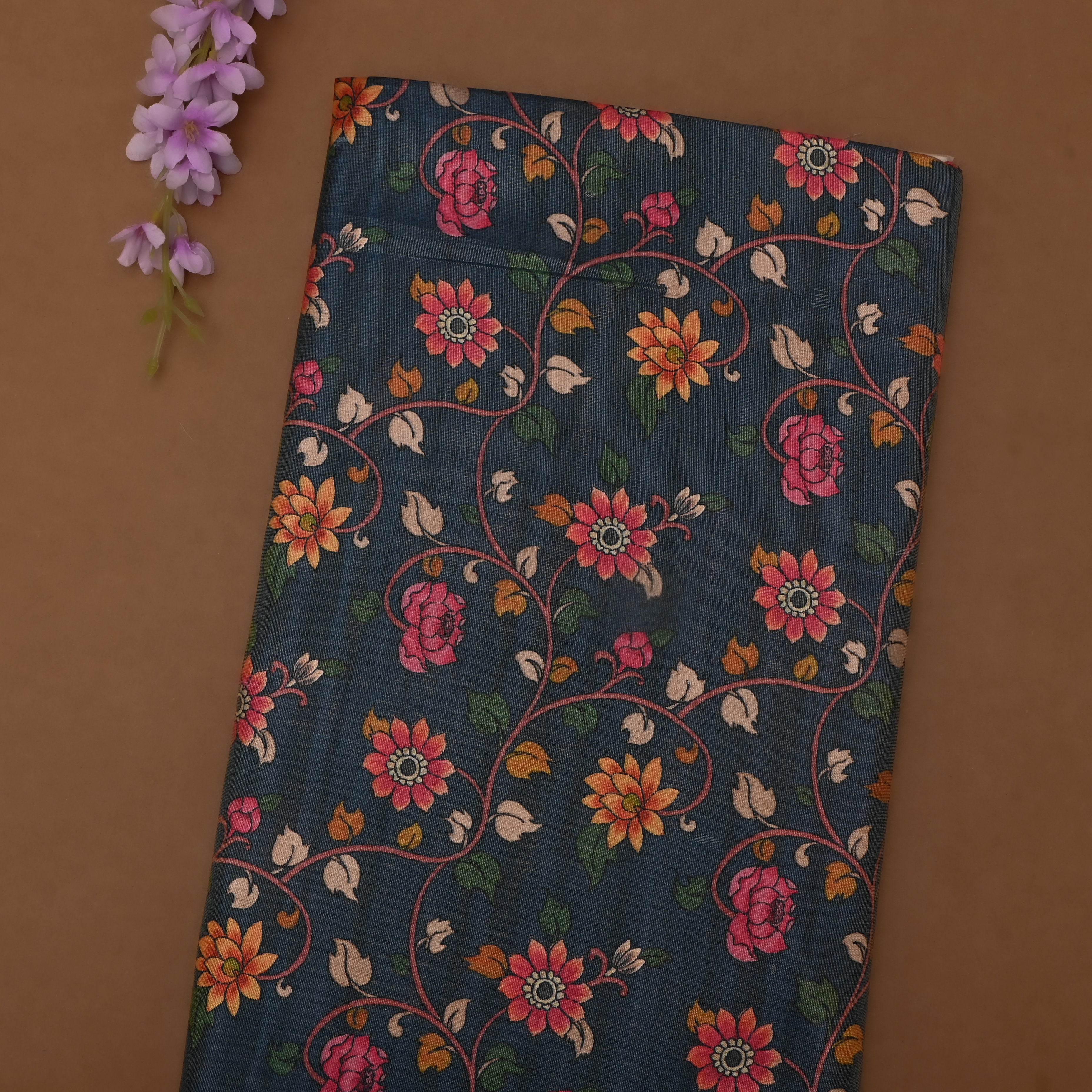 Dark Navy Blue Tissue Fabric With Floral Prints