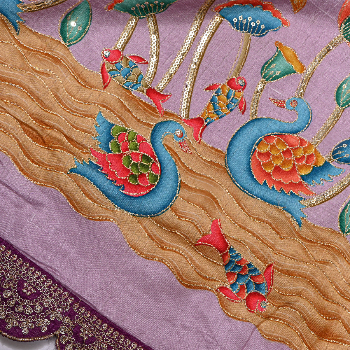 Lilac Haze Swan Lotus Sequin Printed Embroidery Dupion Silk Fabric