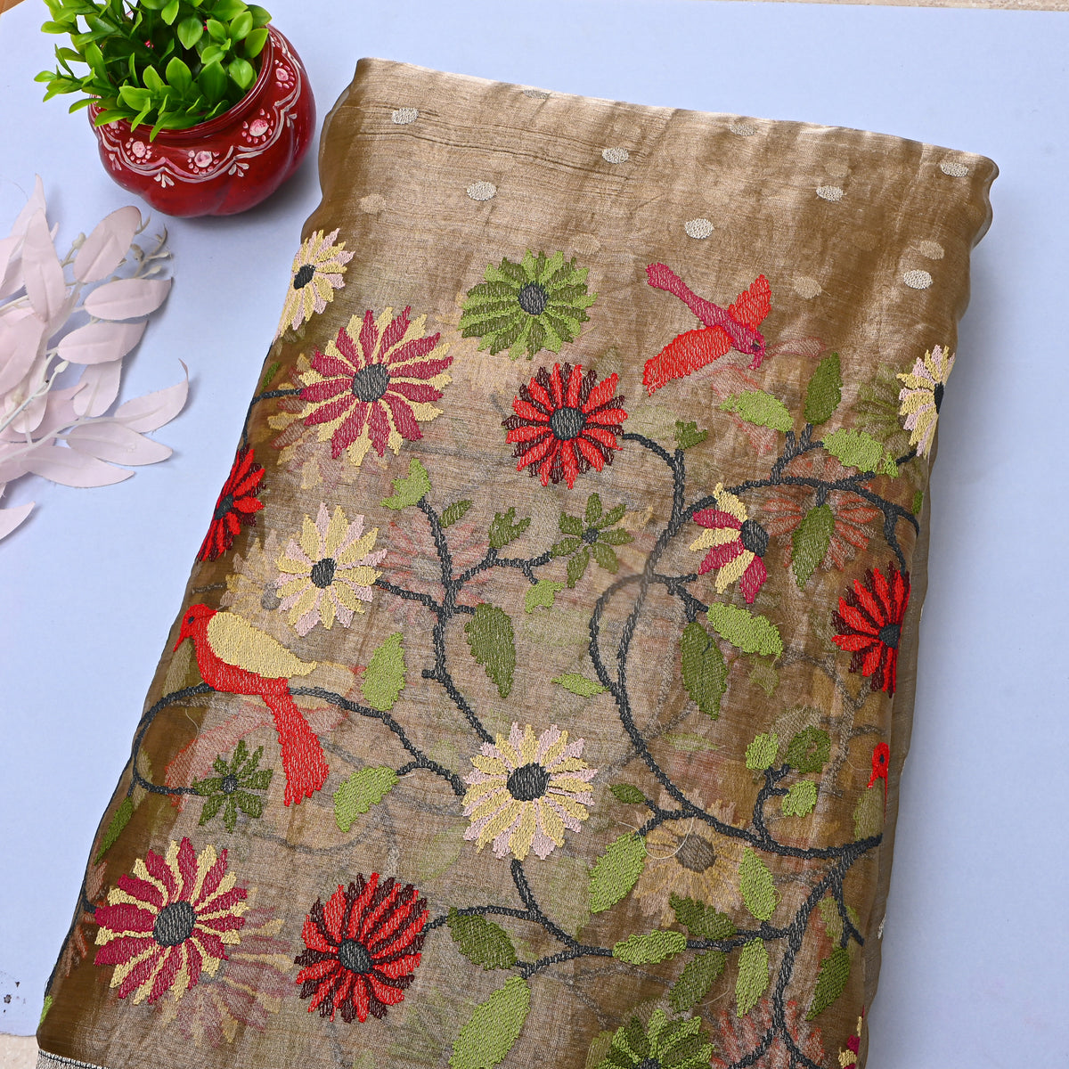 Brown Beige Thread Work Embroidery Tissue Fabric