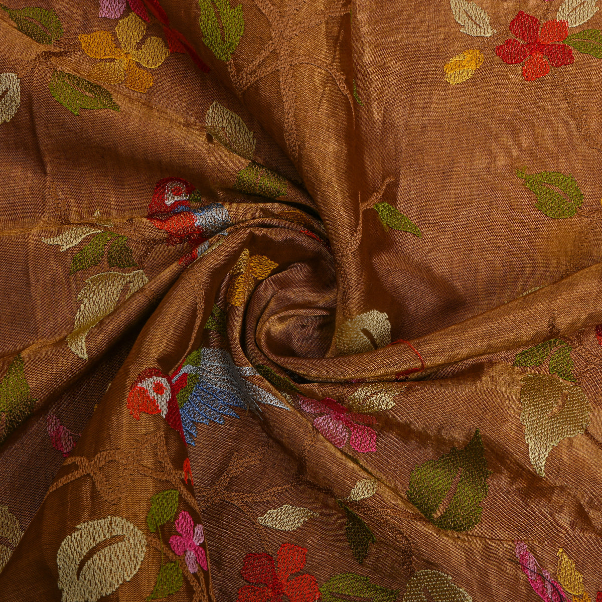 Burnt Orange Thread Work Jaal Tissue Fabric