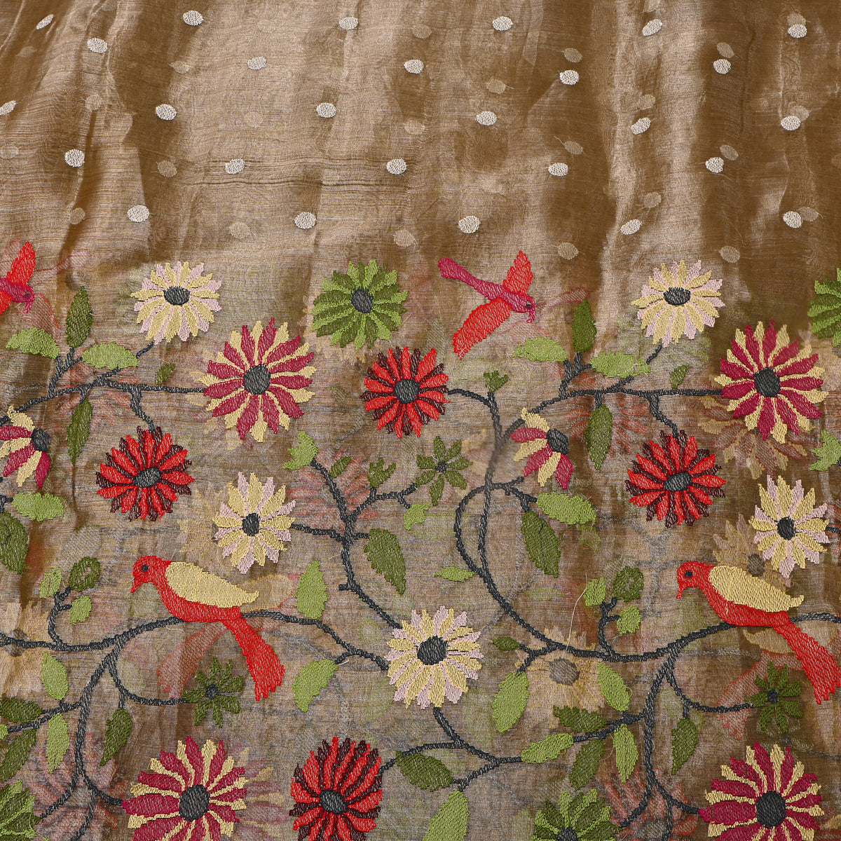 Brown Beige Thread Work Embroidery Tissue Fabric