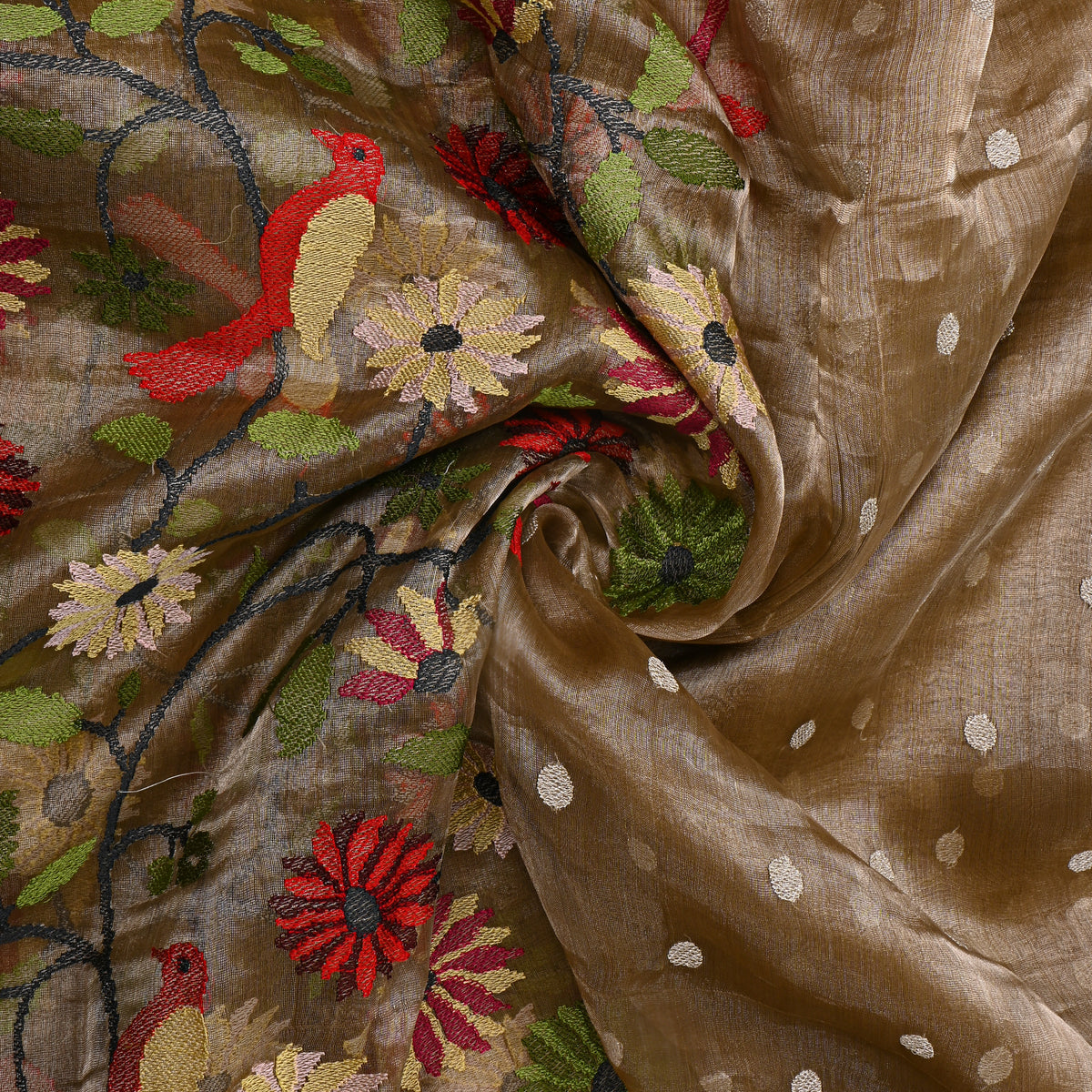 Brown Beige Thread Work Embroidery Tissue Fabric