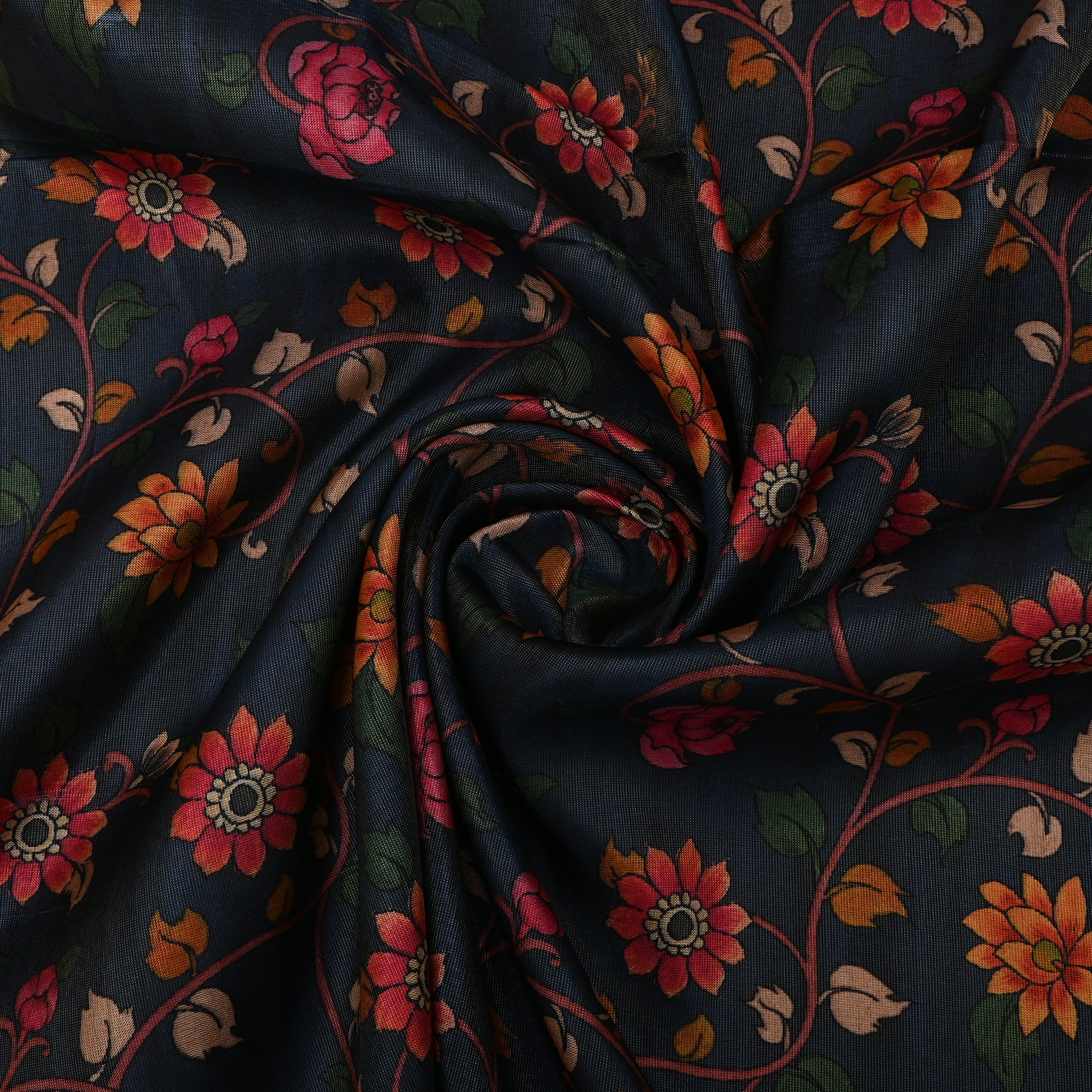 Dark Navy Blue Tissue Fabric With Floral Prints