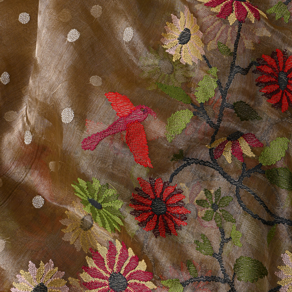 Brown Beige Thread Work Embroidery Tissue Fabric