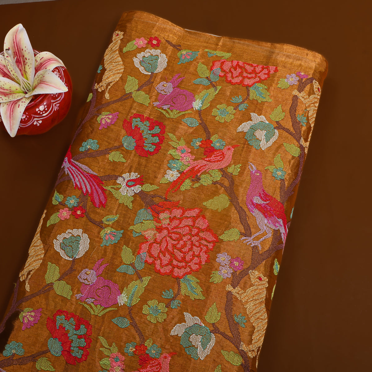 Rust Golden Orange Dual-Tone Shikargah Bird Thread Work Tissue Fabric