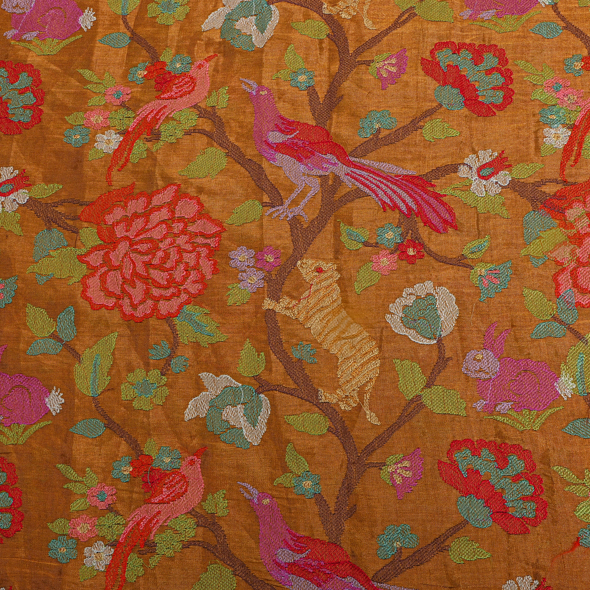 Rust Golden Orange Dual-Tone Shikargah Bird Thread Work Tissue Fabric