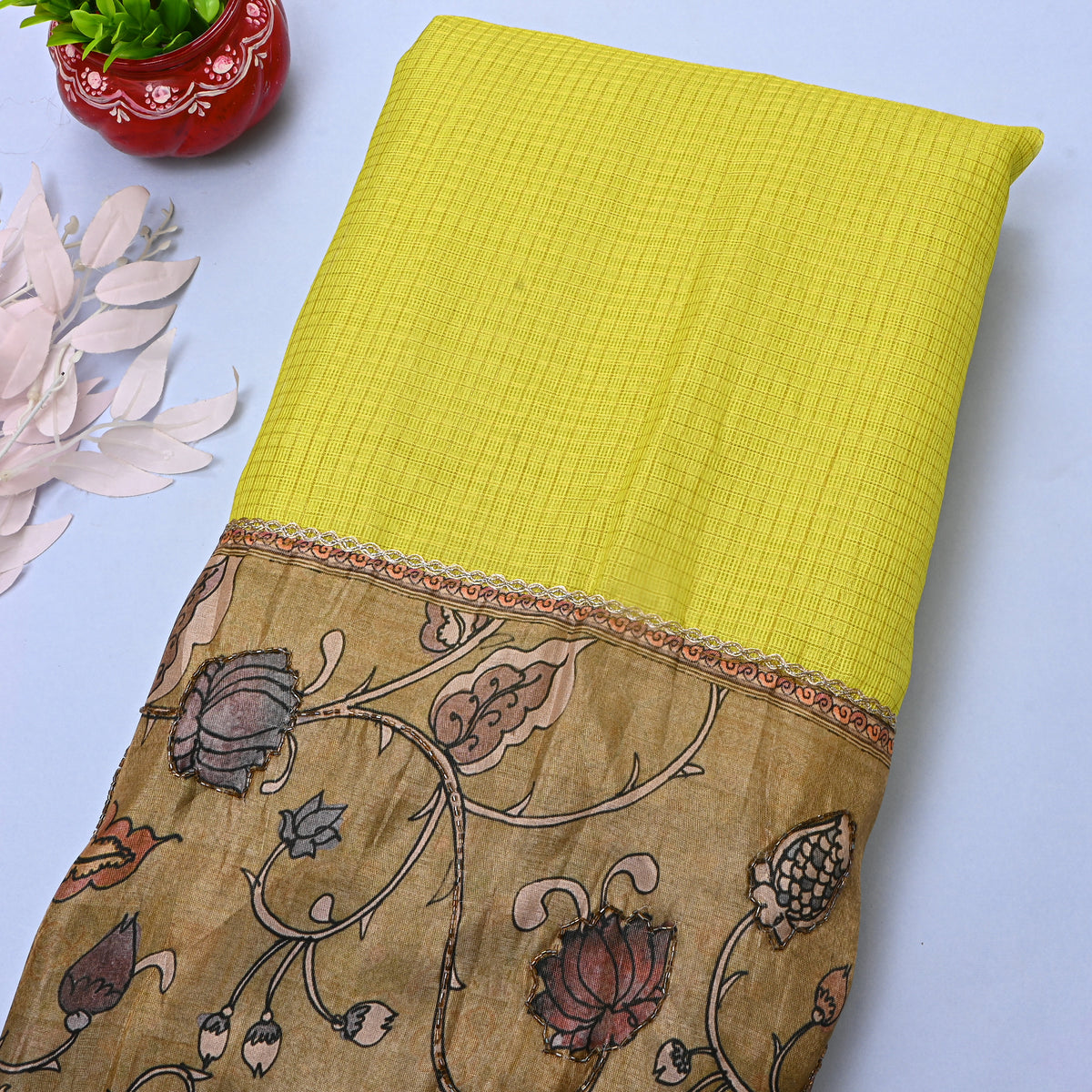 Yellow With Beige Checked Printed Silk Fabric.