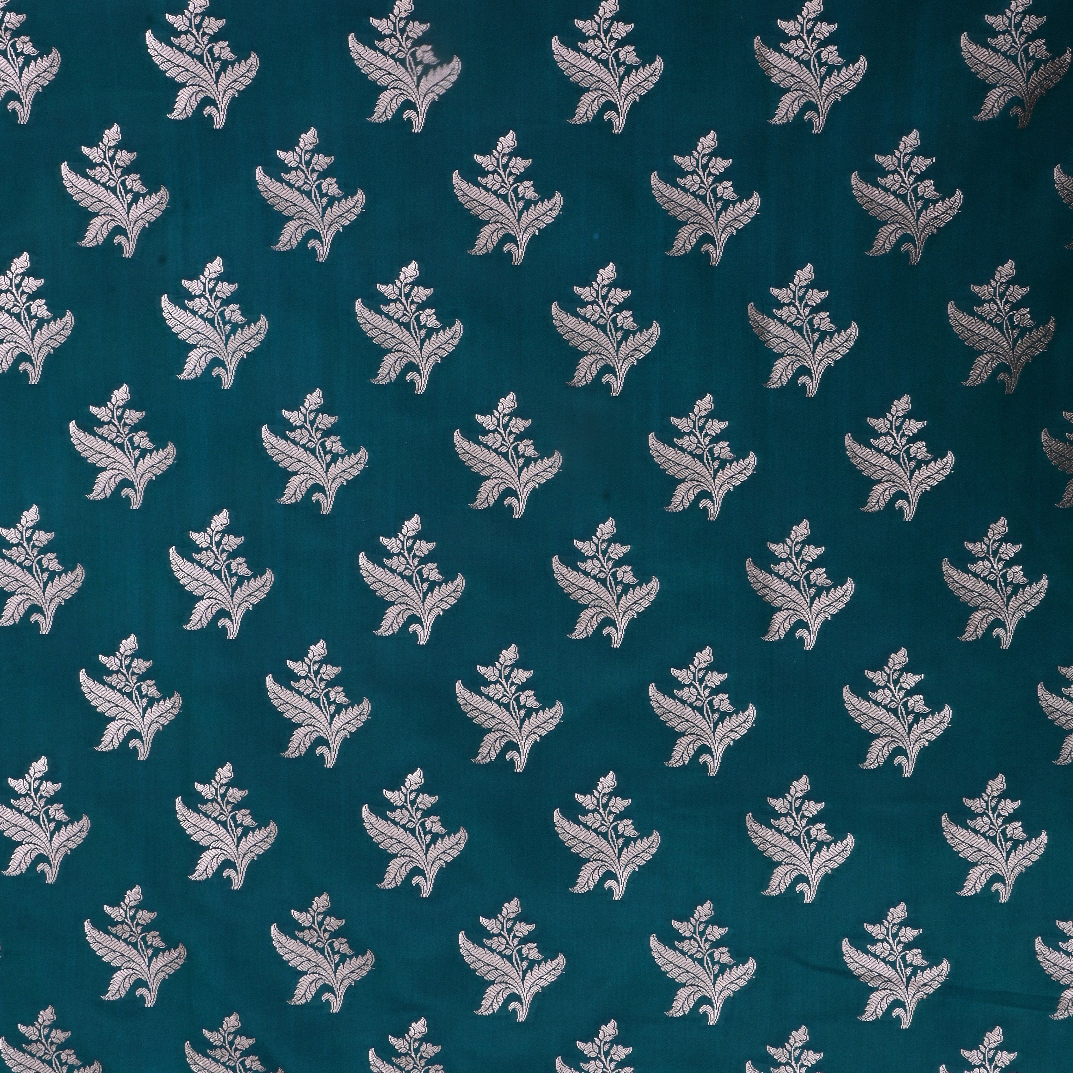 Sherpa Blue Jamawar Satin Fabric With Floral Butti'S