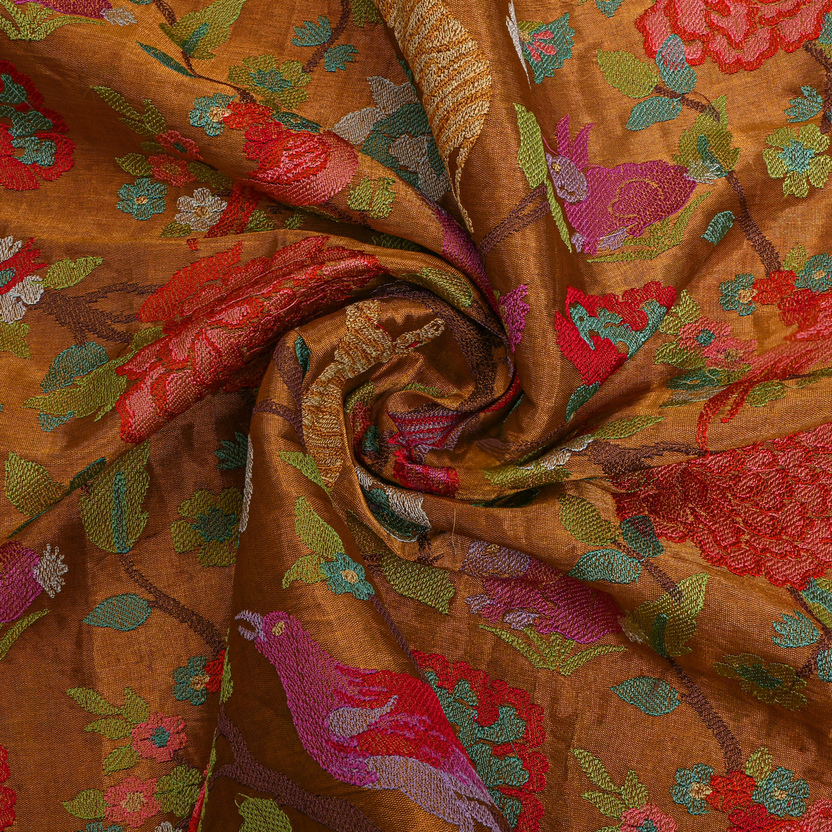 Rust Golden Orange Dual-Tone Shikargah Bird Thread Work Tissue Fabric
