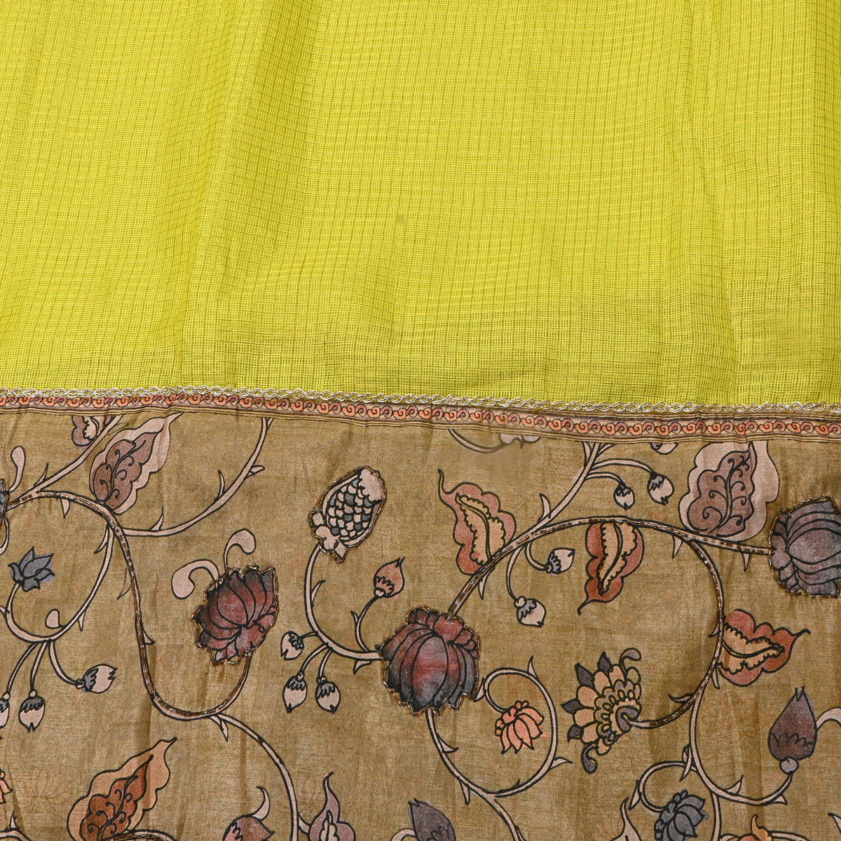 Yellow With Beige Checked Printed Silk Fabric.