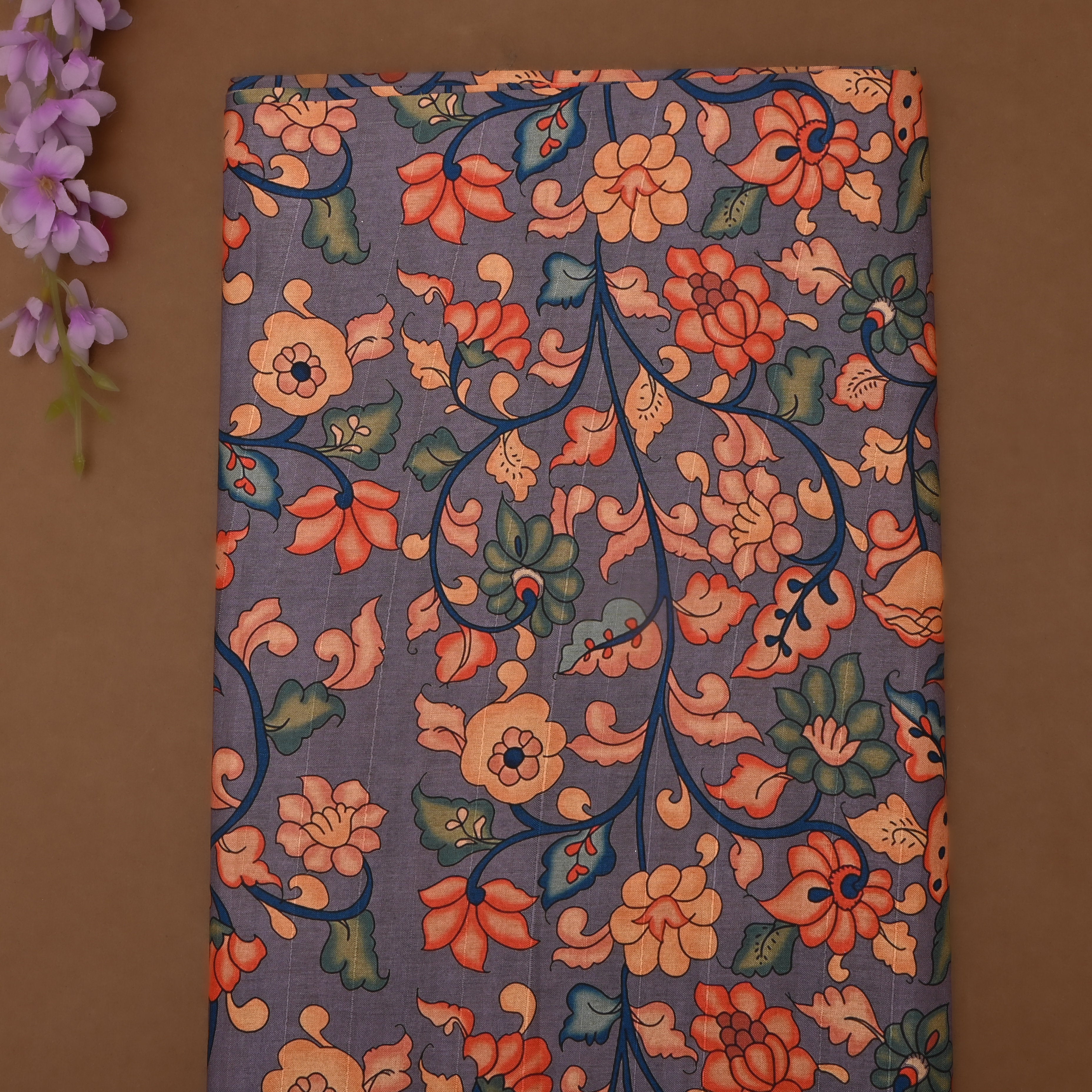 Iris Blue Floral Printed Tussar Fabric