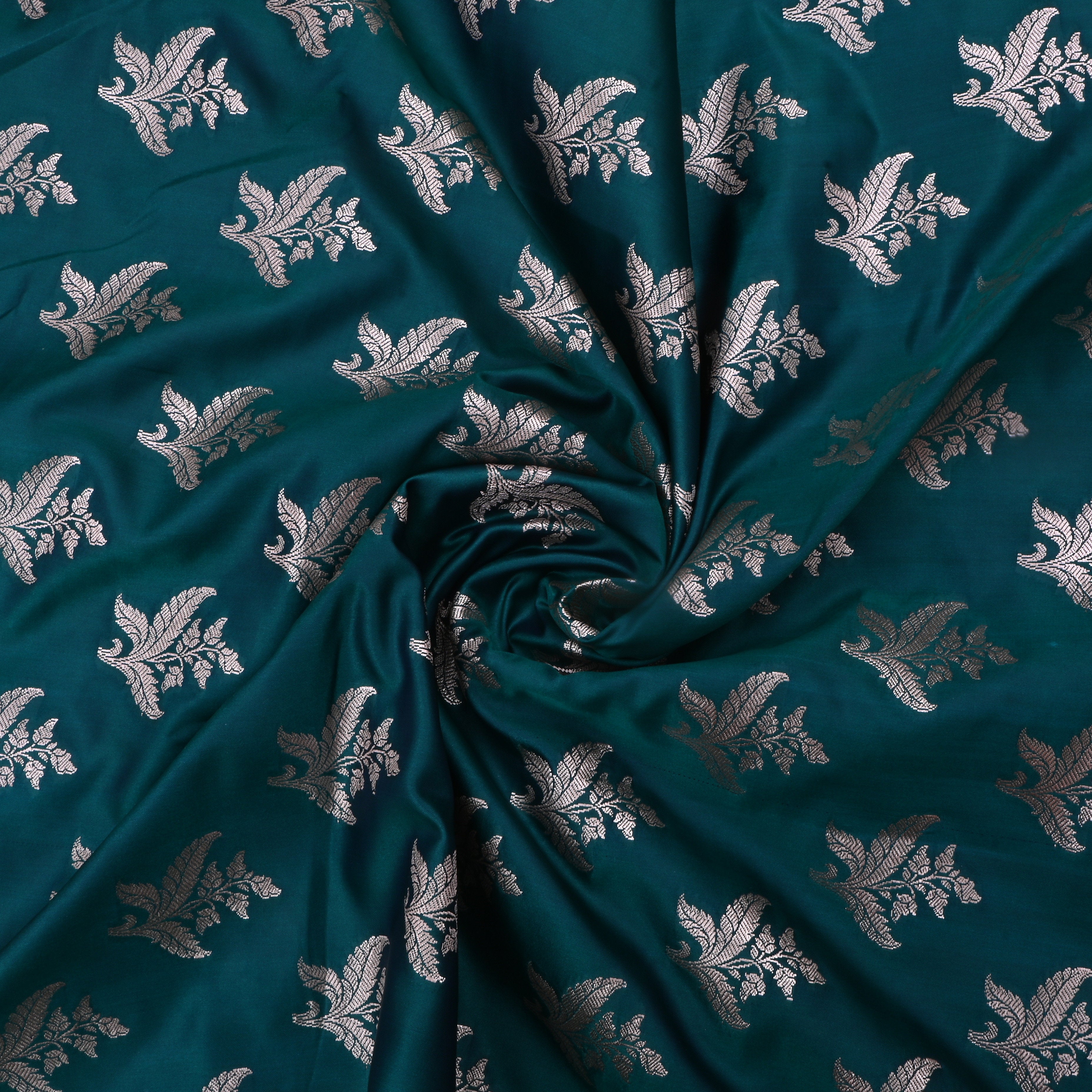 Sherpa Blue Jamawar Satin Fabric With Floral Butti'S