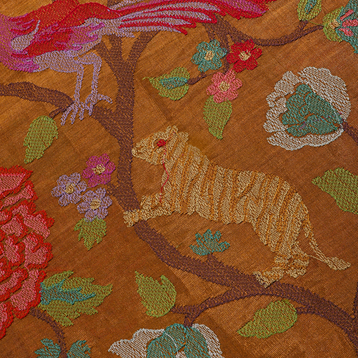 Rust Golden Orange Dual-Tone Shikargah Bird Thread Work Tissue Fabric