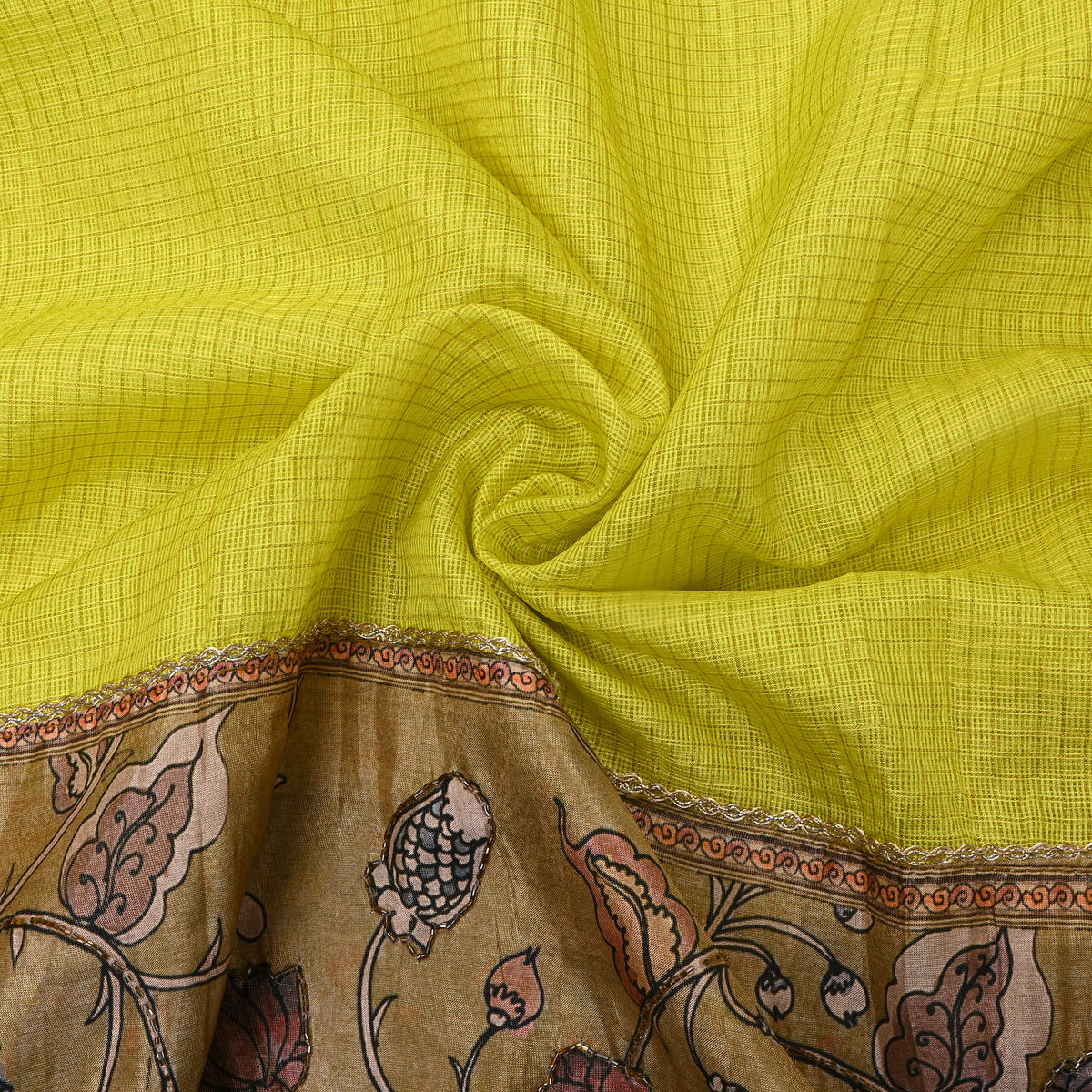 Yellow With Beige Checked Printed Silk Fabric.