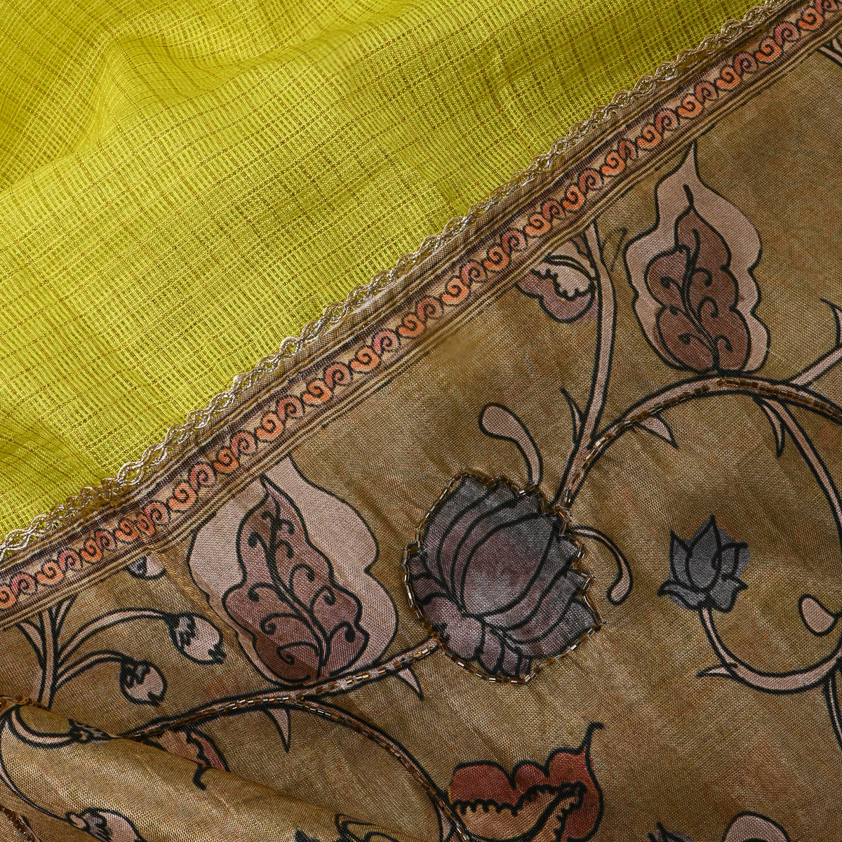 Yellow With Beige Checked Printed Silk Fabric.