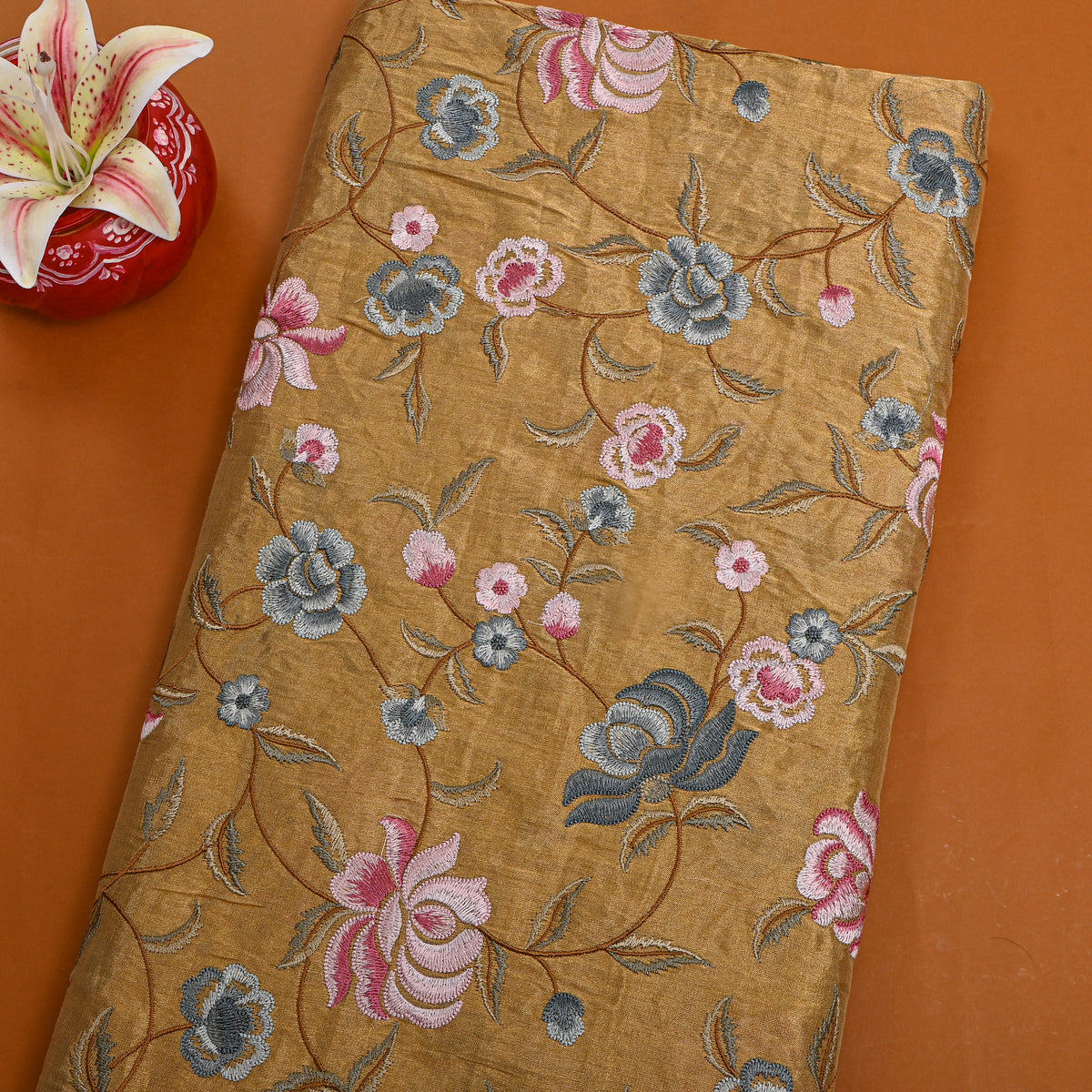 Beige Pink Grey Floral Jaal Thread Work Tissue Fabric