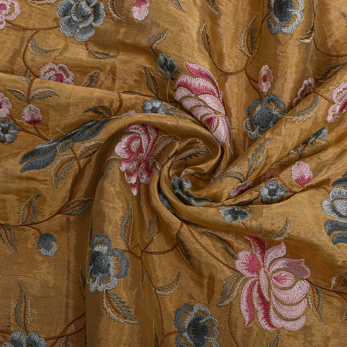 Beige Pink Grey Floral Jaal Thread Work Tissue Fabric