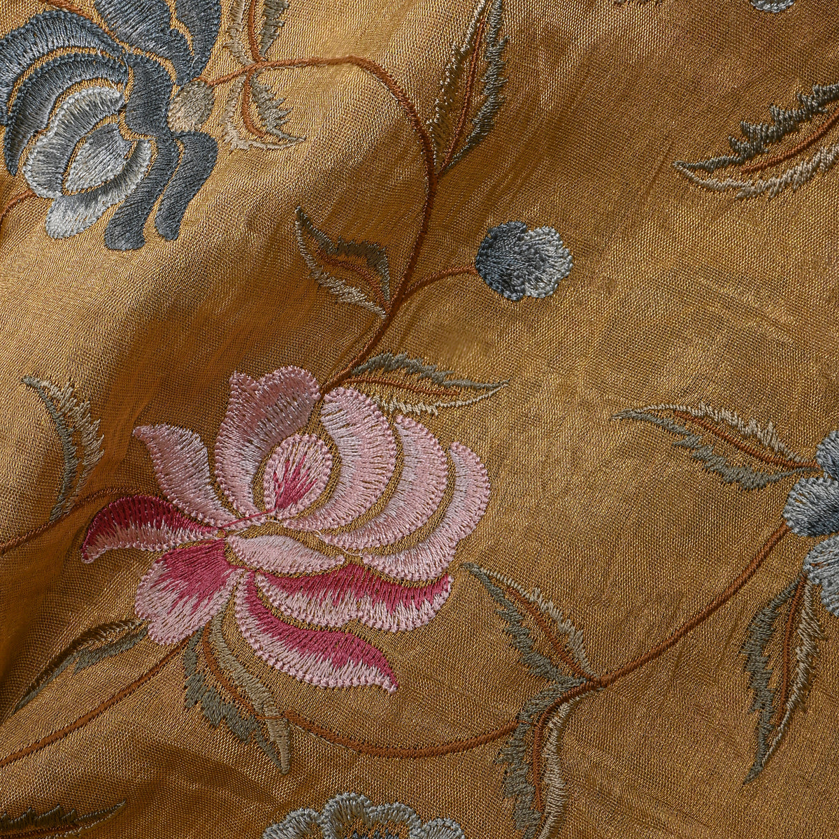 Beige Pink Grey Floral Jaal Thread Work Tissue Fabric